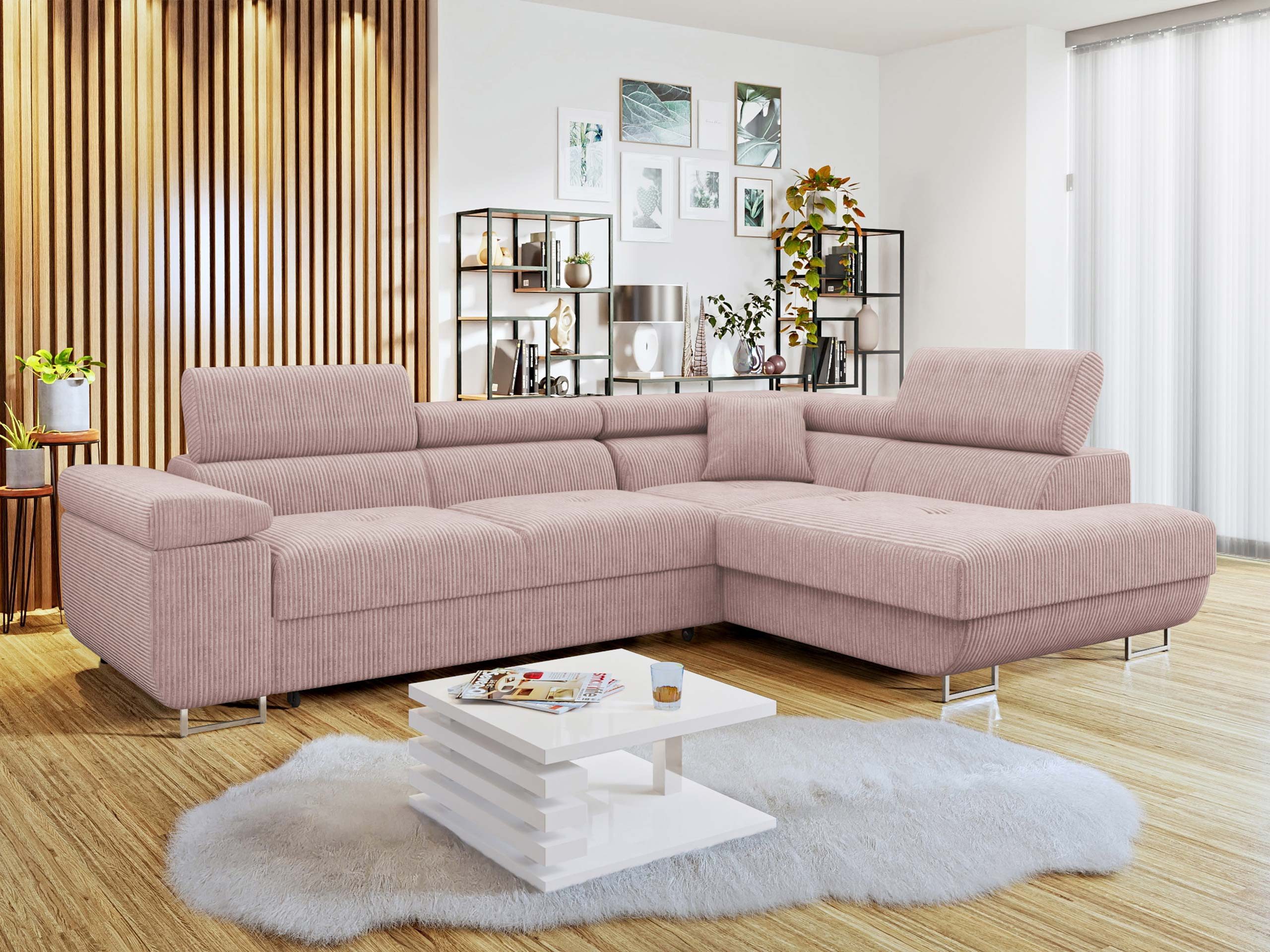 MIRJAN24 Ecksofa Torezio Cord, mit Bettkasten und Schlaffunktion, Einstellbare Kopfstützen, 274x203x70-90 cm