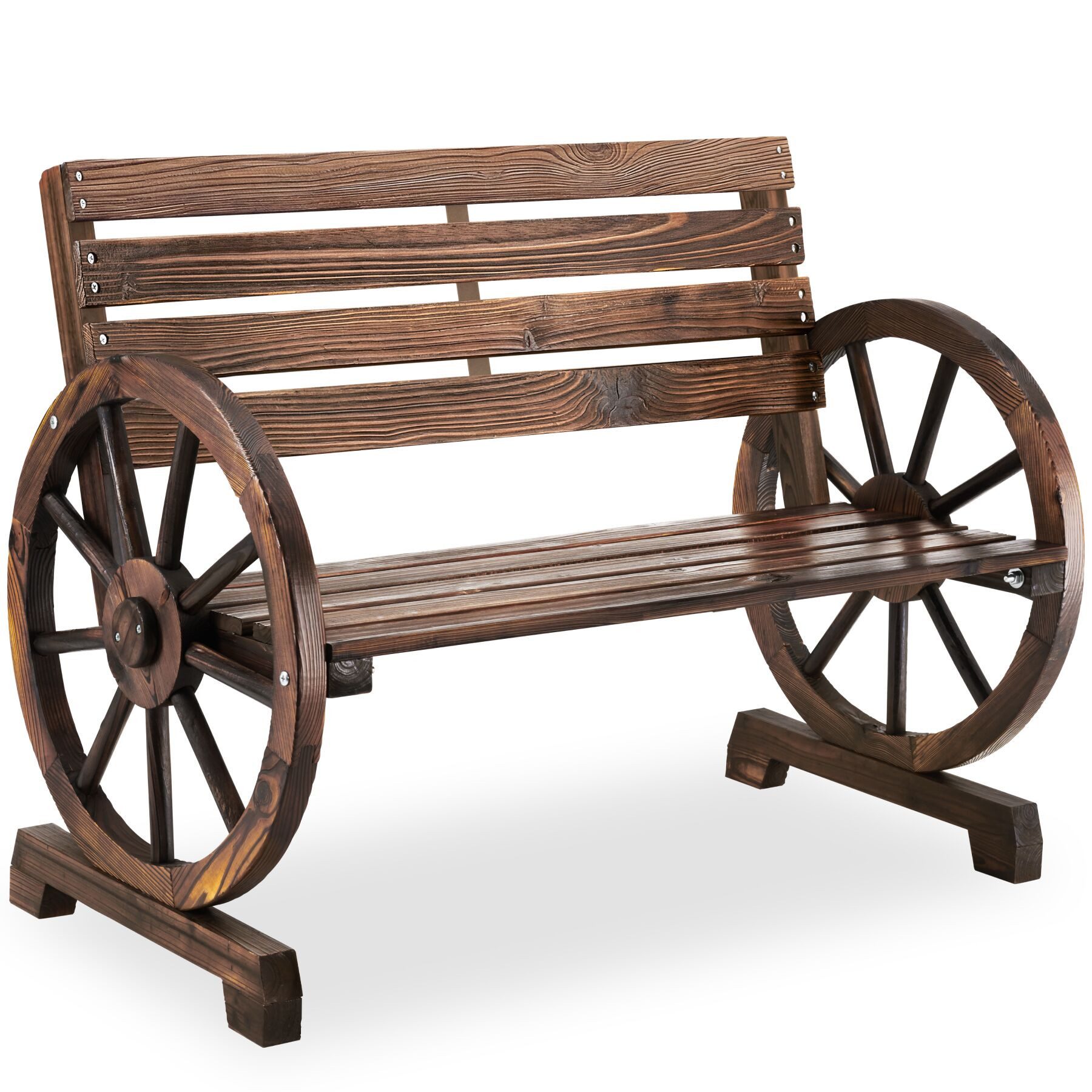 tectake Gartenbank Wetterfeste 2-Sitzer Bank im rustikalen Wagenraddesign (Sitzbank Howdy, in braun), belastbares Gestell aus geflammtem Massivholz