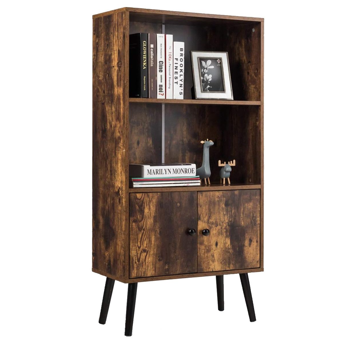 COSTWAY Bücherregal Bücherschrank, mit Türen, 3 Fächern, Holz 60x30x120cm
