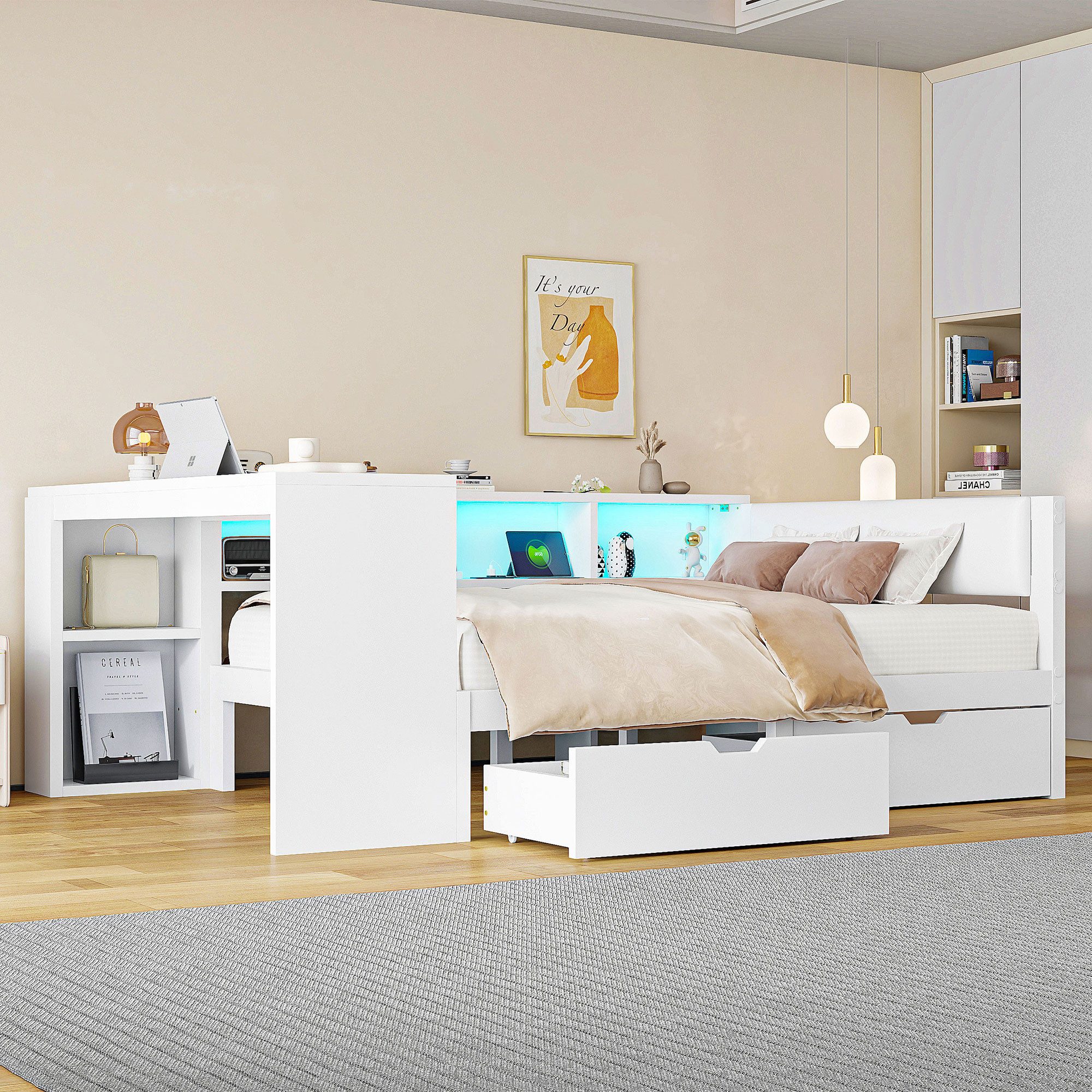 REDOM Stauraumbett Funktionsbett,Einzelbett,Kinderbett,Jugendbett (Holz-Plattformbett mit LED-Licht, Stauraum, Schubladen & Ladestation – Gepolstertes Kopfteil, modernes Design für Schlafzimmer, Jugendzimmer & Gästezimmer, 140x200), mit Ablageflächen, Schubladen,Mit bunten LED-Leuchten