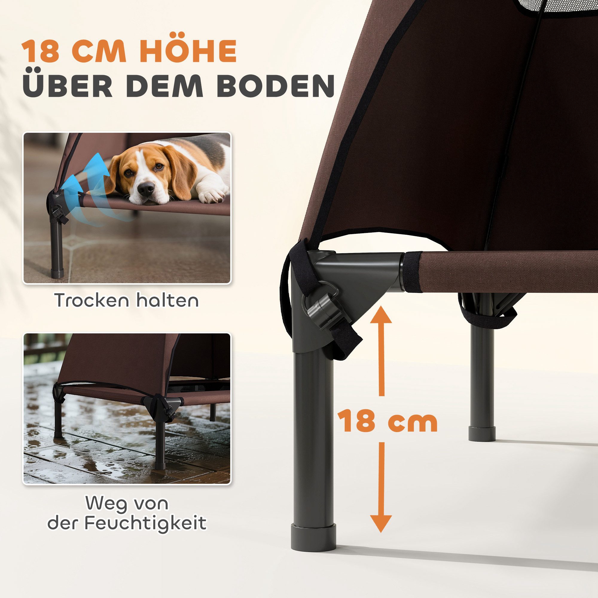 PawHut Tierbett Hundeliege Outdoor mit Dach, Erhöhtes Hundebett, Polyester, Für große Hunde, für Draußen Camping 91x76x90cm, Kaffee – Bild 5 von 5