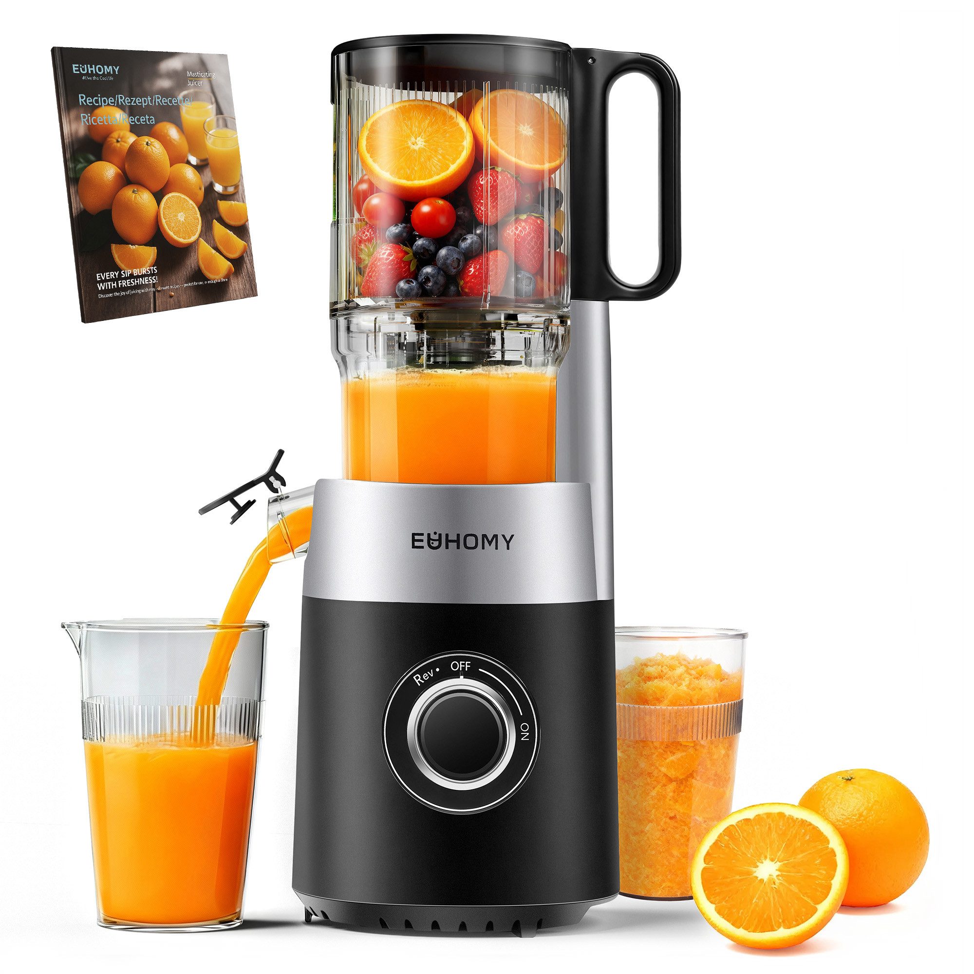 EUHOMY Соковижималки шнекові mit 135MM Breite und Größere Fütterungsröhre, 220 W, für Ganze Gemüse Obst - Leicht zu Reinigender Соковижималки mit 2 Gläsern