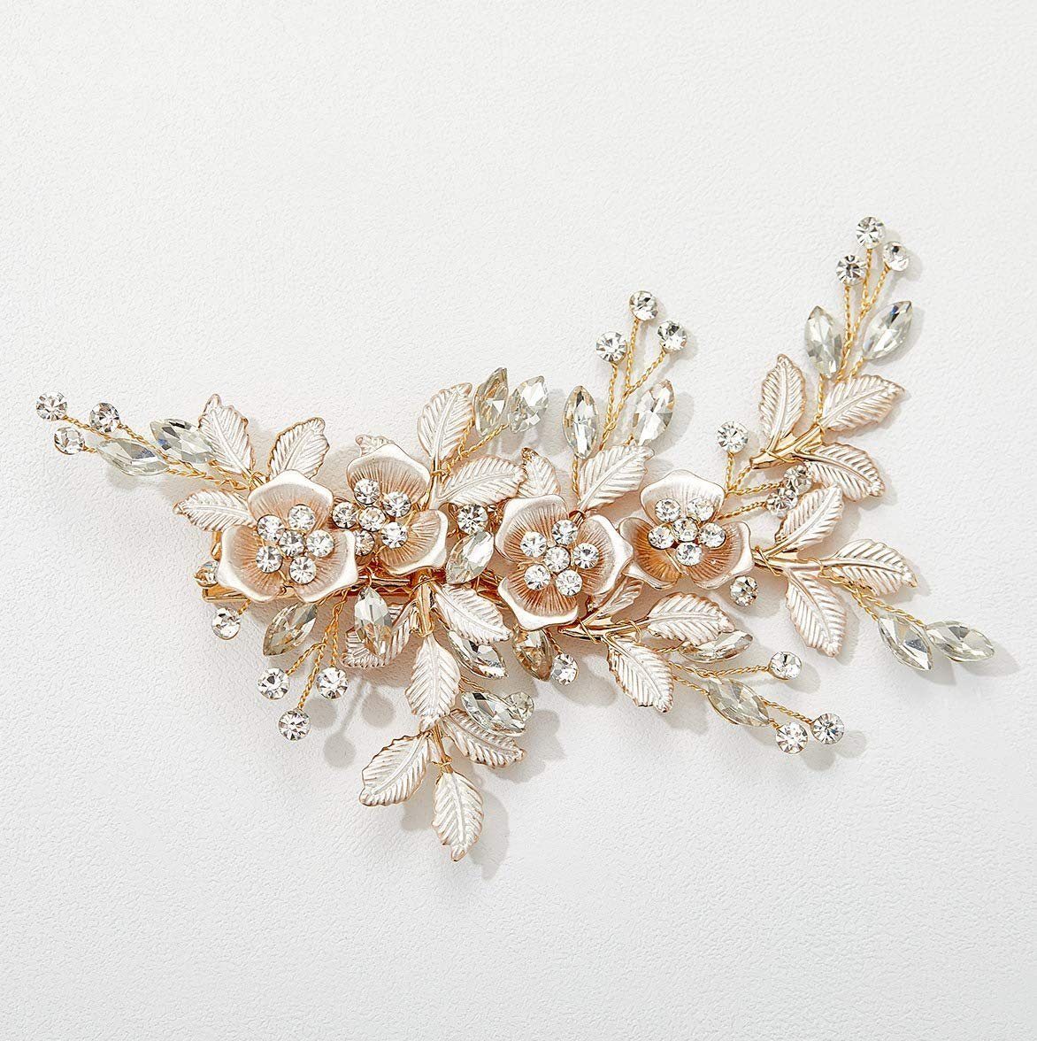 Scheiffy Diadem Kristall-Braut-Haarspange, Blumen-Blatt-Tiara (KC Gold)