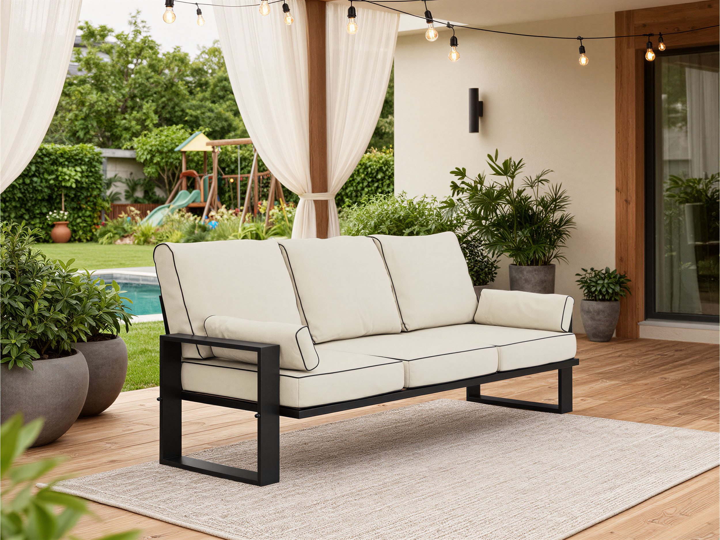 MKS MÖBEL Sofa ELBA, Wellenfeder, Metallbeinen, T30-Schaum, Outdoor Sofa, Terrasse, Outdoor Gartensofa, 3-Personen, Metallrahmen, Wetterfest