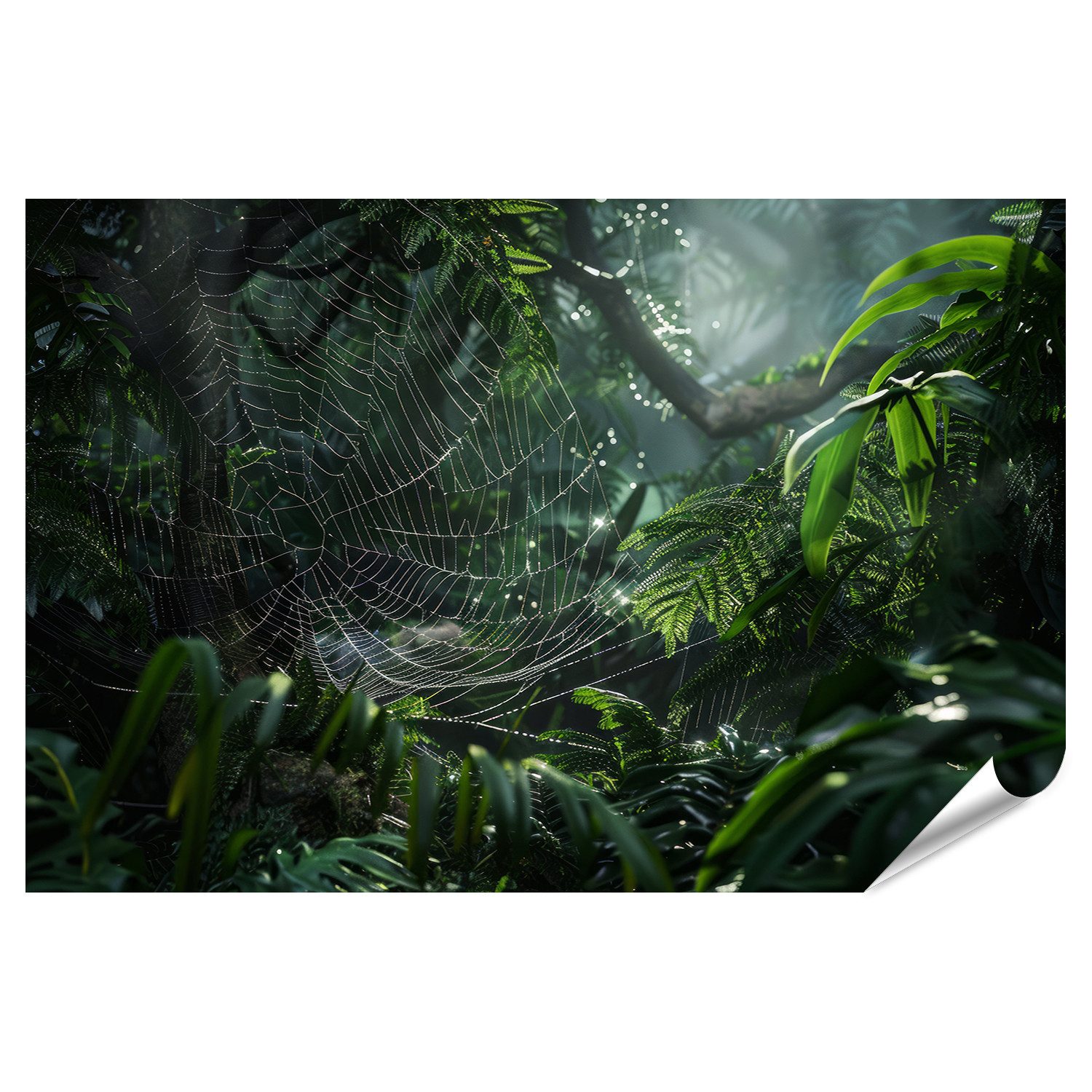 islandburner Poster, Spinnennetz im tropischen Dschungel bei Sonnenaufgang