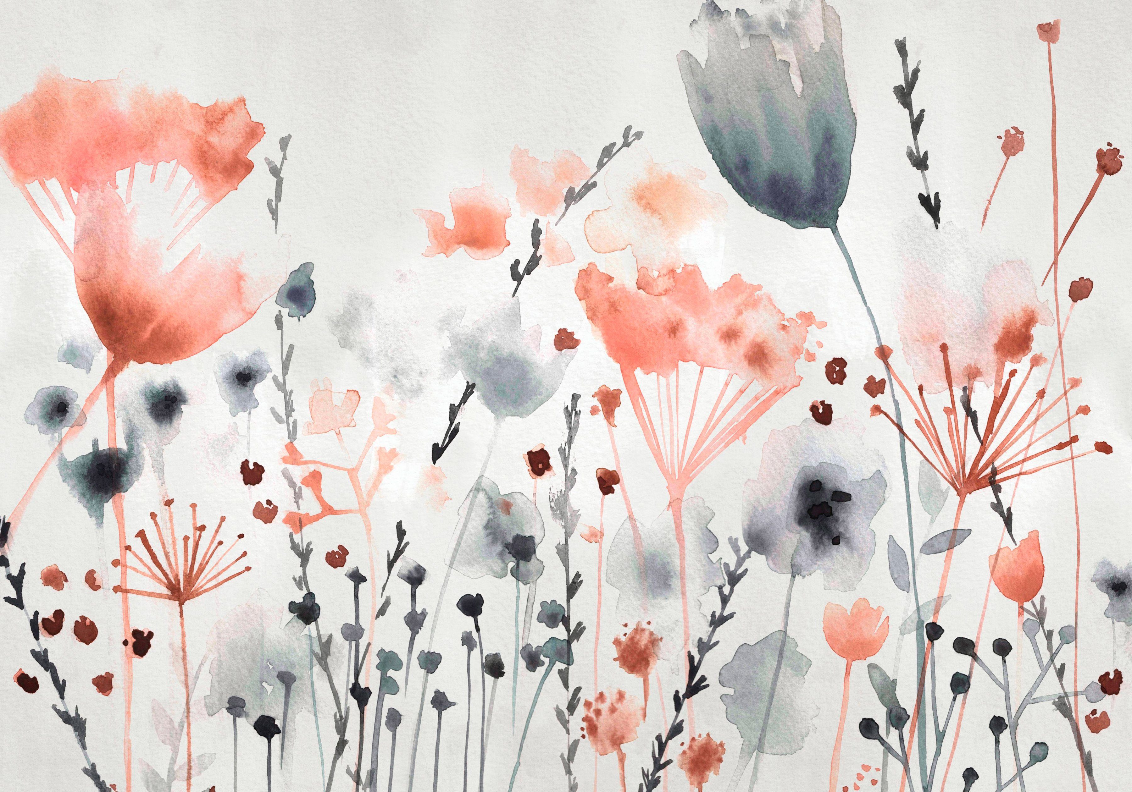 Art for the home Fototapete Watercoloured Meadow, glatt, geblümt, Aquarelle Wiese 280x372 cmBlumen Blau/Rosa