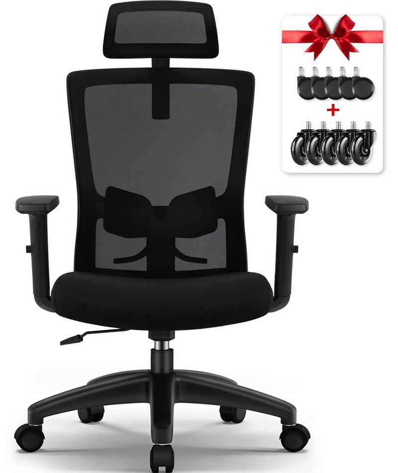 Authmic Bürostuhl Bürostuhl, Ergonomischer Schreibtischstuhl, Drehstuhl, Chefsessel (Verstellbare Armlehne,leise Rolle,Bis 155 kg belastbar, Atmungsaktiv,Sitzhöhe Einstellung), Verlängerte und Verbreiterte Rückenlehne, Wippfunktion 90°-135°, Schwarz