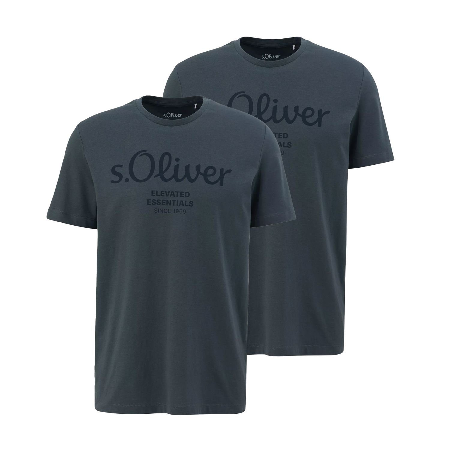 2er (2-tlg) T-Shirt Anthrazit im kurzarm, s.Oliver Pack Logo-Aufdruck Rundhals-Ausschnitt, mit