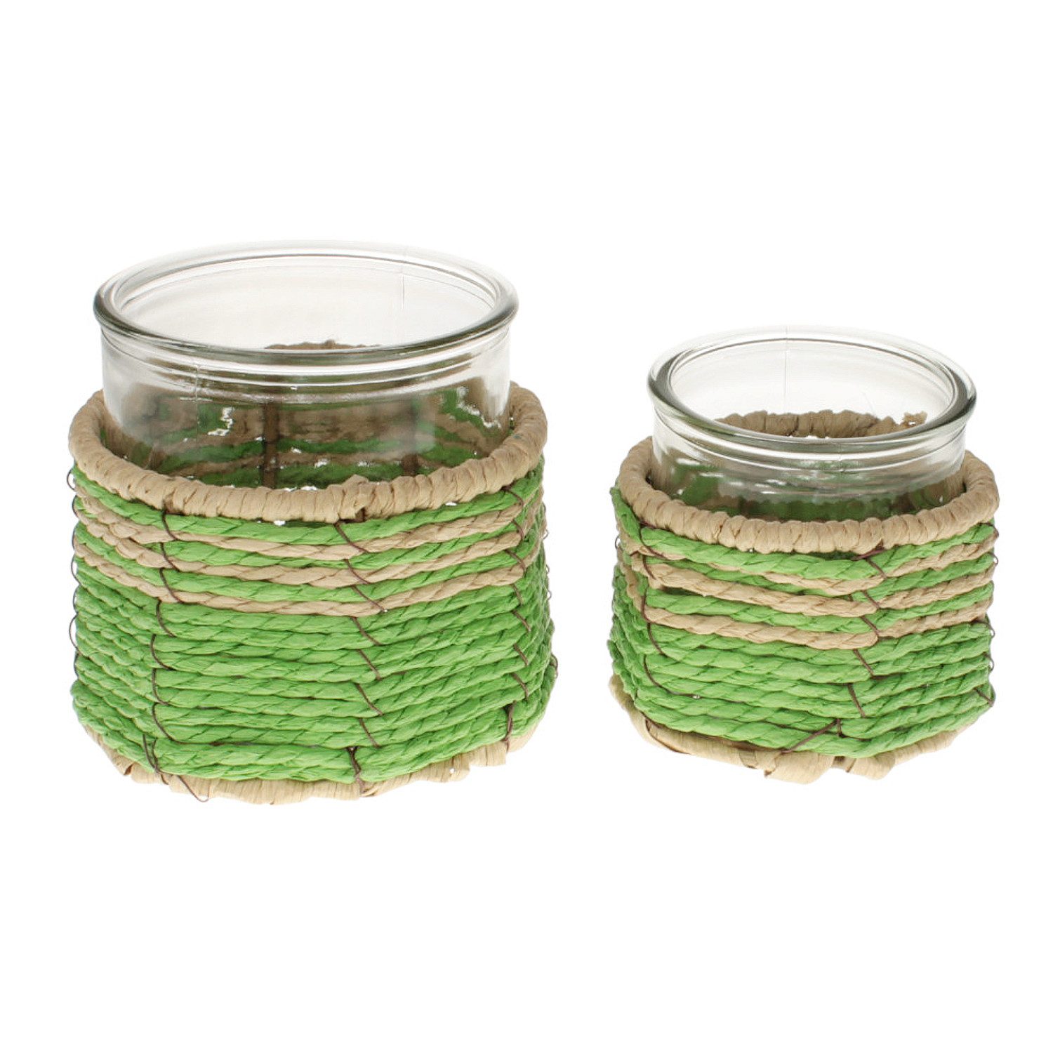 Windlicht Glas Naturfaser Grün Braun modern Kerzenhalter