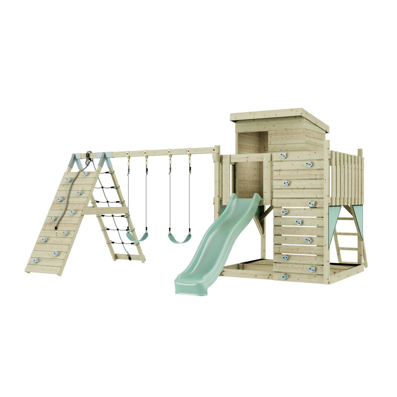 OutdoorToys Spielturm Frida, aus Holz in Mintgrün mit Kinderschaukel & Rutsche, Kletterwand