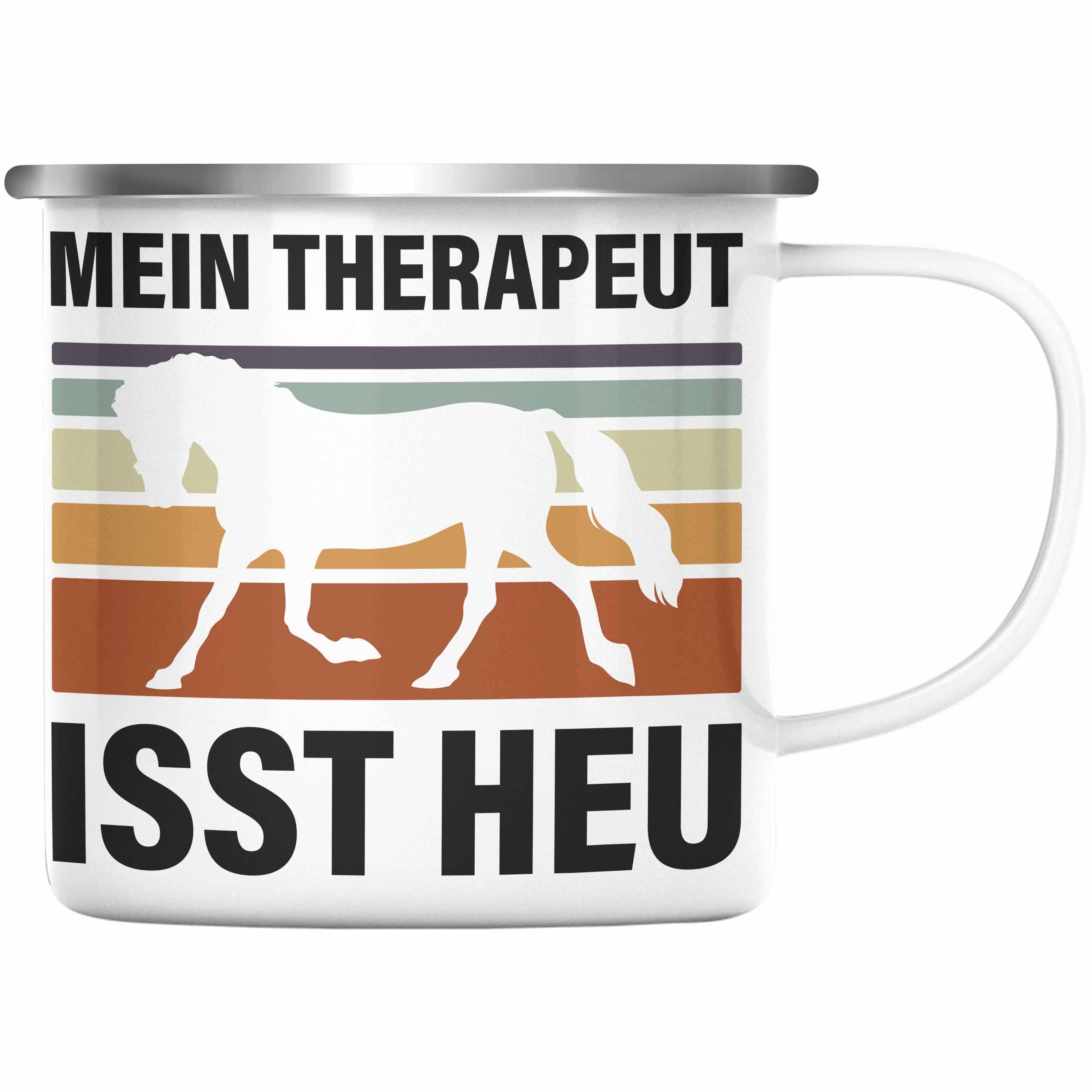 Trendation Thermotasse Trendation - Pferde Emaille Tasse Lustig Reiterin Geschenk Pferde Geschenke Mädchen Pferdeliebhaber Mein Therapeut Isst Heu Silber