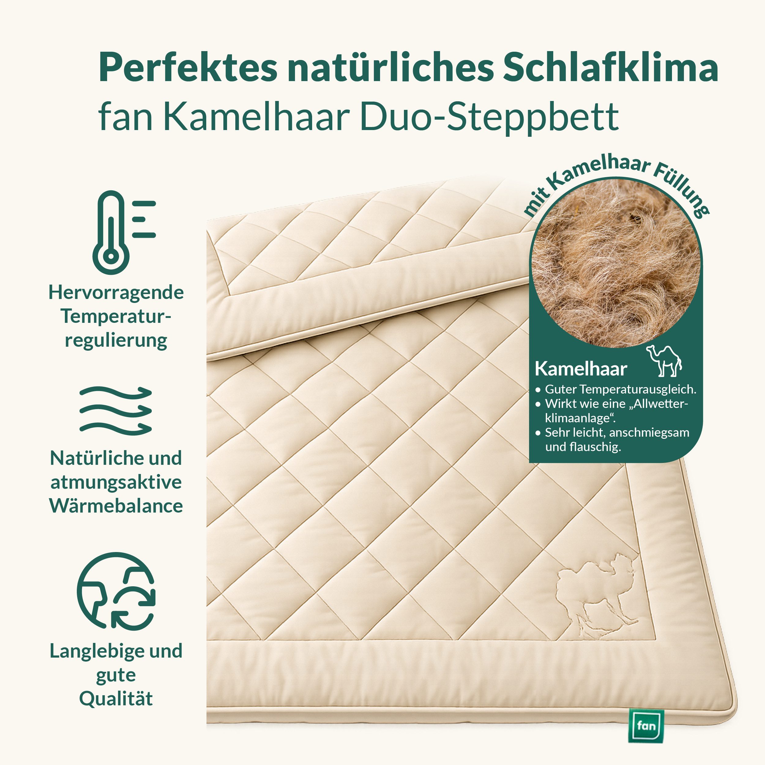 fan Naturhaarbettdecke Gobi, Bettdecken für Sommer und Winter, temperaturausgleichend, Füllung: Kamelhaar, Bezug: Baumwolle, Klimatisierende Kamelhaar-Füllung - – Bild 2 von 5
