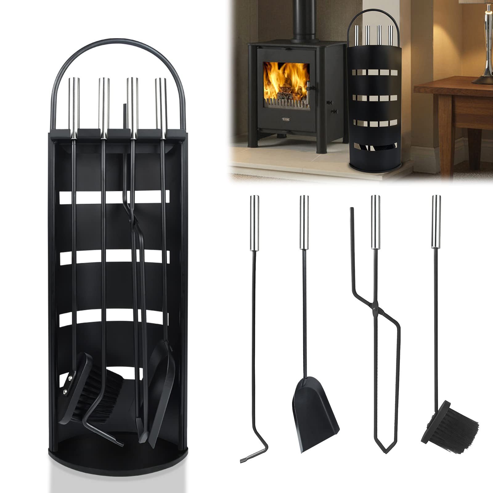 FIVMEN Kamingarnitur 5 teilig Kaminzubehör Edelstahl Kaminofen Kaminbesteck, mit Standfuß, Besen, Zange, Schürhaken, Ascheschaufel, Silber/Schwarz