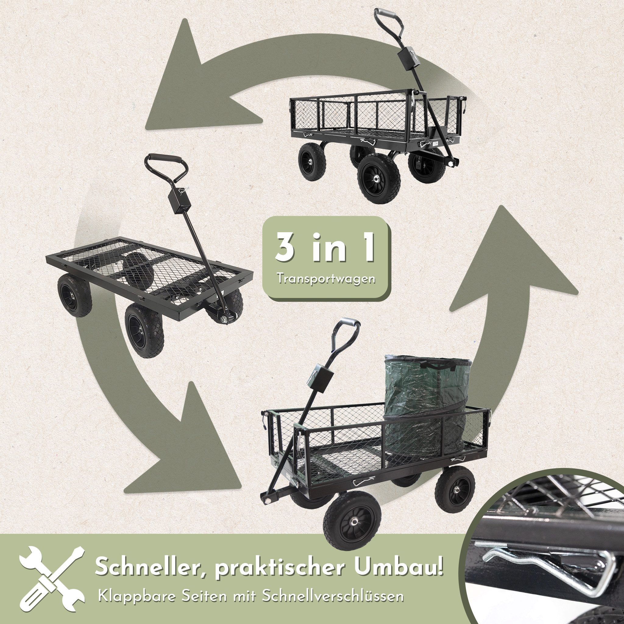 Lemodo Transportwagen Gartenwagen Metall mit 2 Laubsäcken, 300 kg belastbar, Gartenarbeit, bis 300 kg Tragkraft, Gummiräder