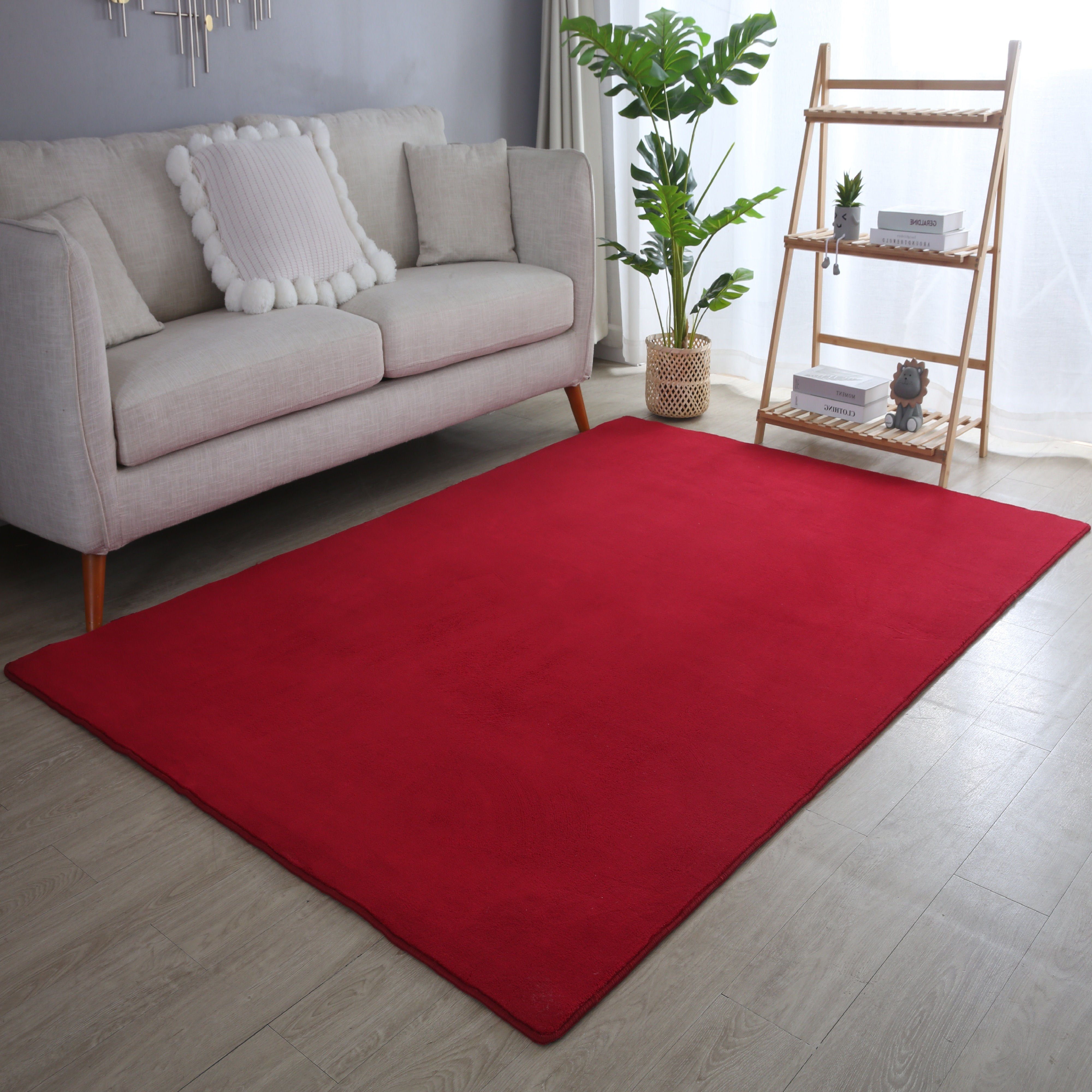 Kurzflor Angeycasa, Flachflor Rot Schlafzimmer Microfaser, Teppich Wohnzimmer,