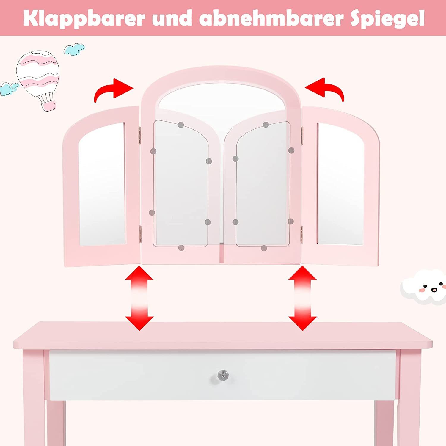 KOMFOTTEU Schminktisch Frisiertisch & Spiegel mit klappbarem Schublade Rosa dreifach (Set)