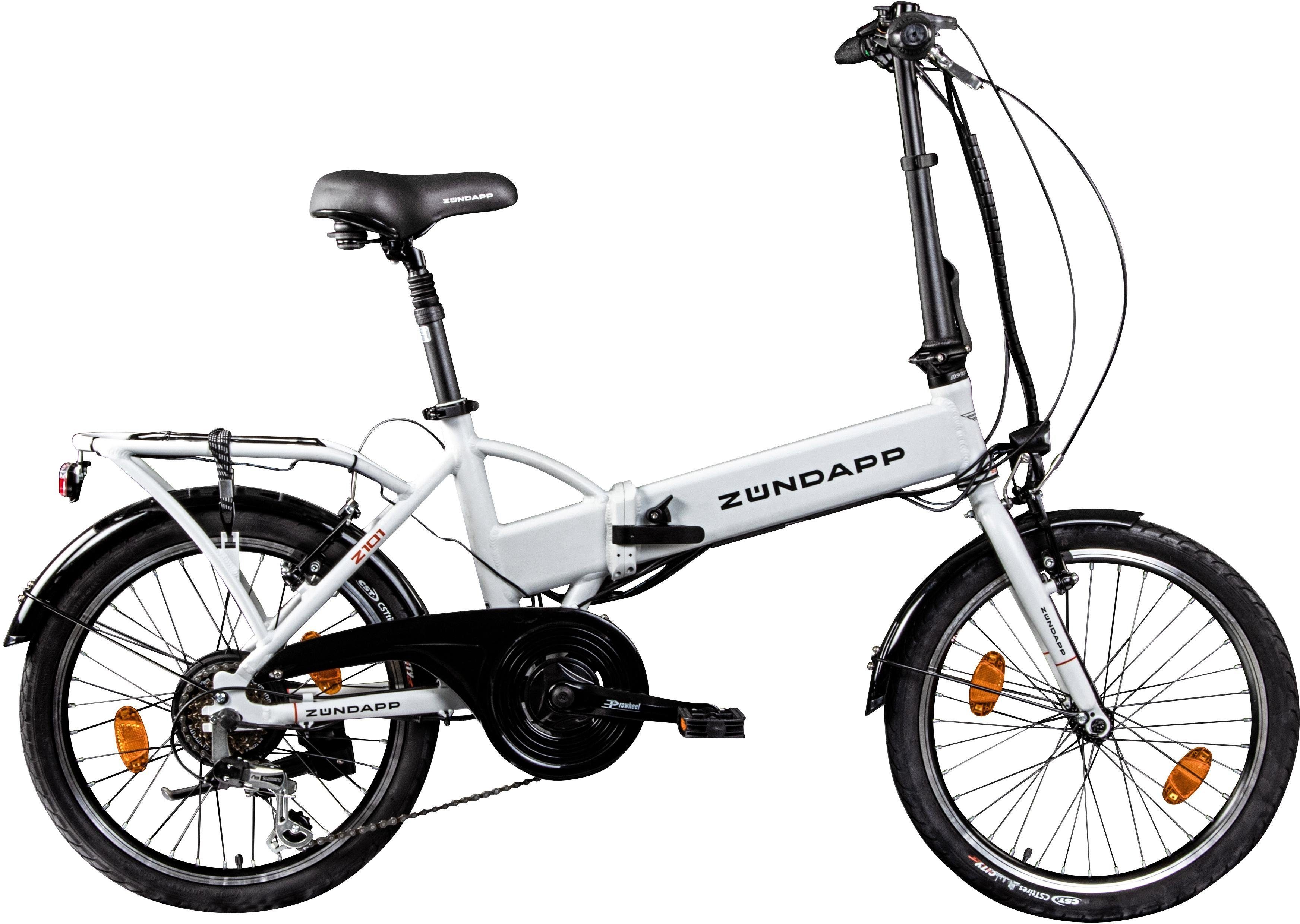 Zündapp E-Bike Klapprad Z101, 6 Gang Shimano Tourney Schaltwerk, Kettenschaltung, Heckmotor, 270 Wh, Pedelec, Elektrofahrrad für Damen u. Herren