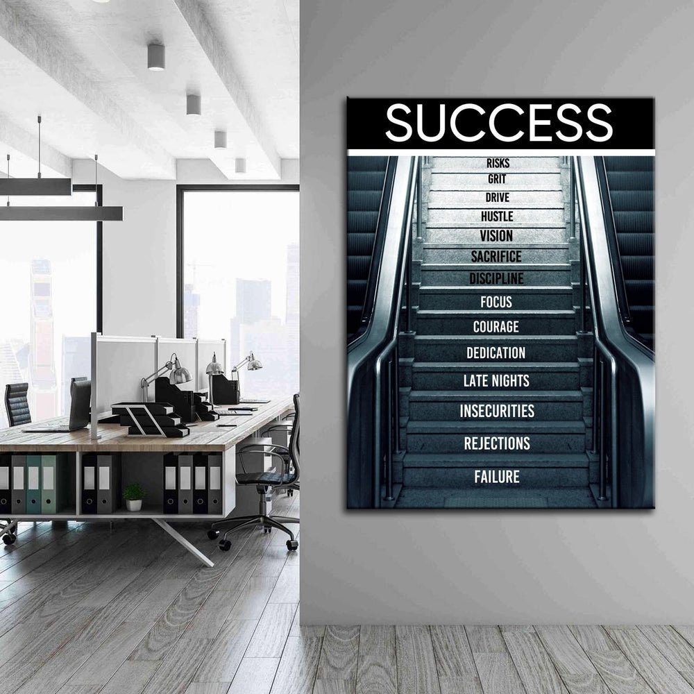 - silberner Premium Erfolgs Leinwandbild, - DOTCOMCANVAS® Deutsch, des Mindset Motivation Rolltreppe Leinwandbild - Rahmen