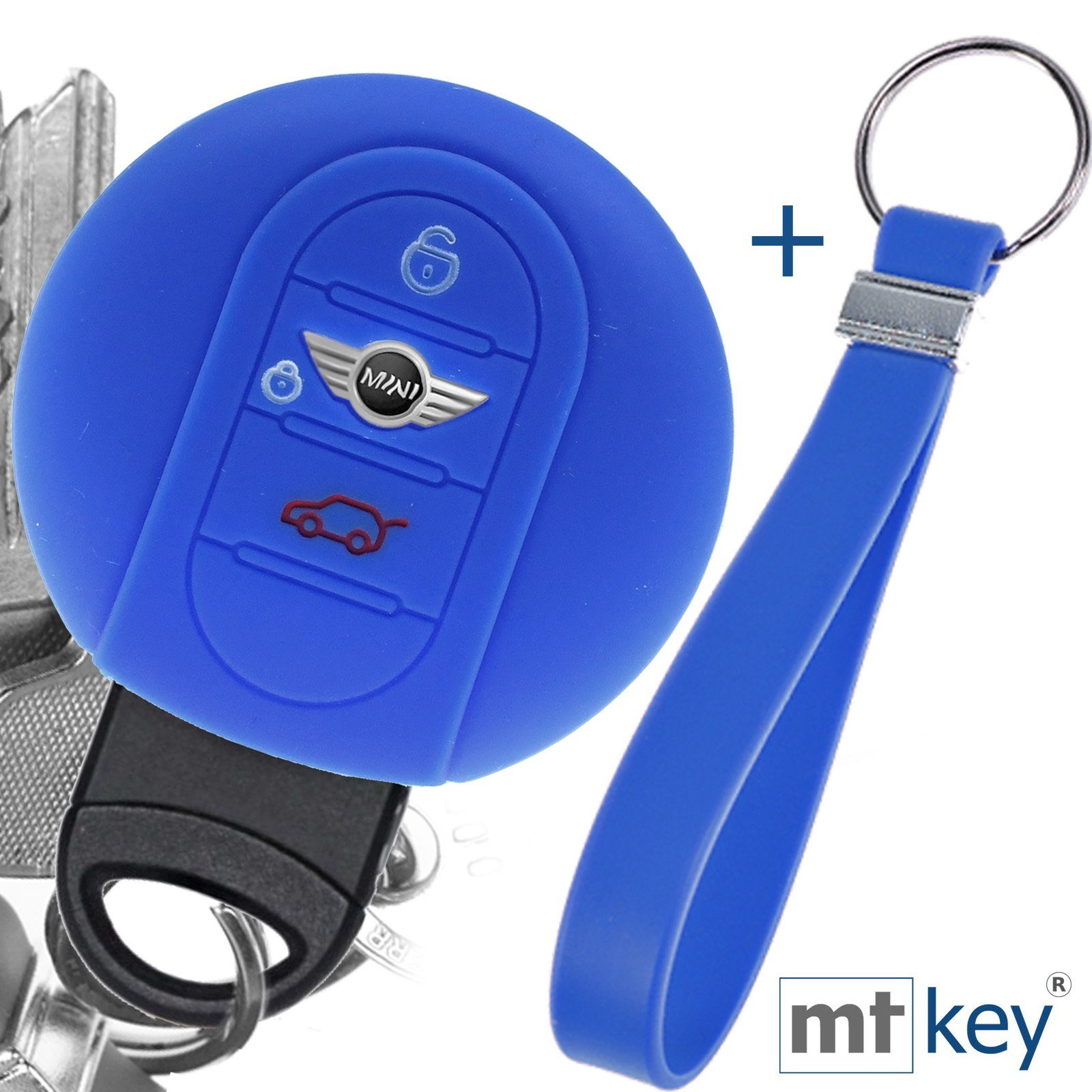 mt-key Schlüsseltasche Autoschlüssel Softcase Silikon Schutzhülle Blau mit Schlüsselband, für Mini F56 F54 F55 F57 F60 Clubman Countryman 3 Tasten KEYLESS