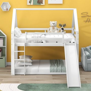 XDeer Kinderbett Doppel-Etagenbett,Hausbett(Weiß,90x200cm)Kinderbett,aus, massivem Kiefernholz mit Rutsche und Leiter,Rausfallschutz