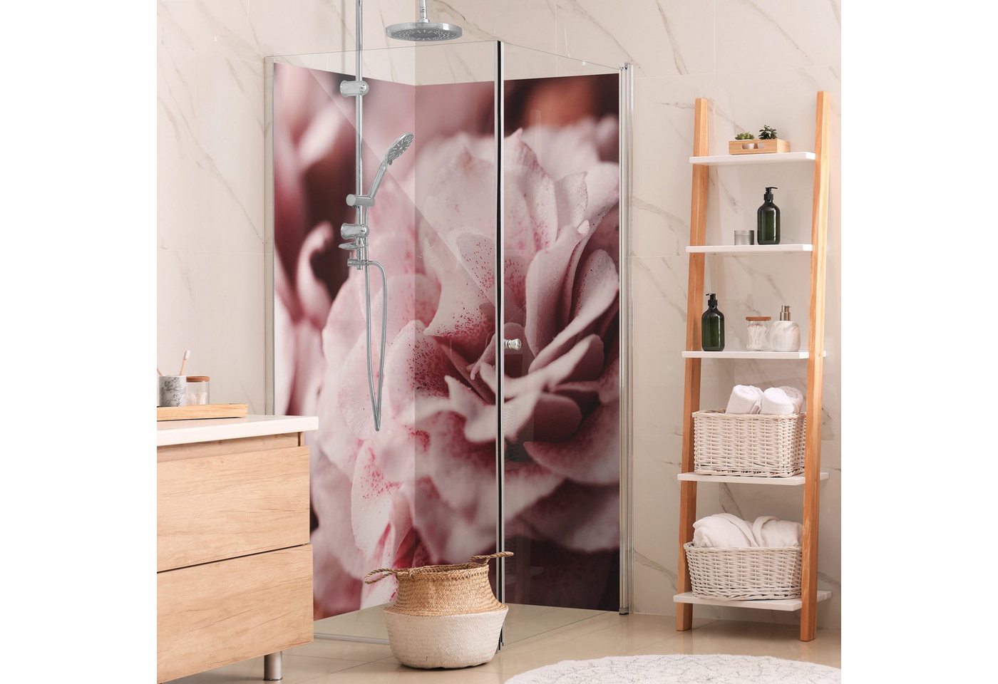 Thumbnail - Bilderdepot24 Badrückwand Blumen rosa Duschrückwand ohne Bohren Landhaus Shabby, (Hartfolie matt » Selbstklebend PREMIUM...