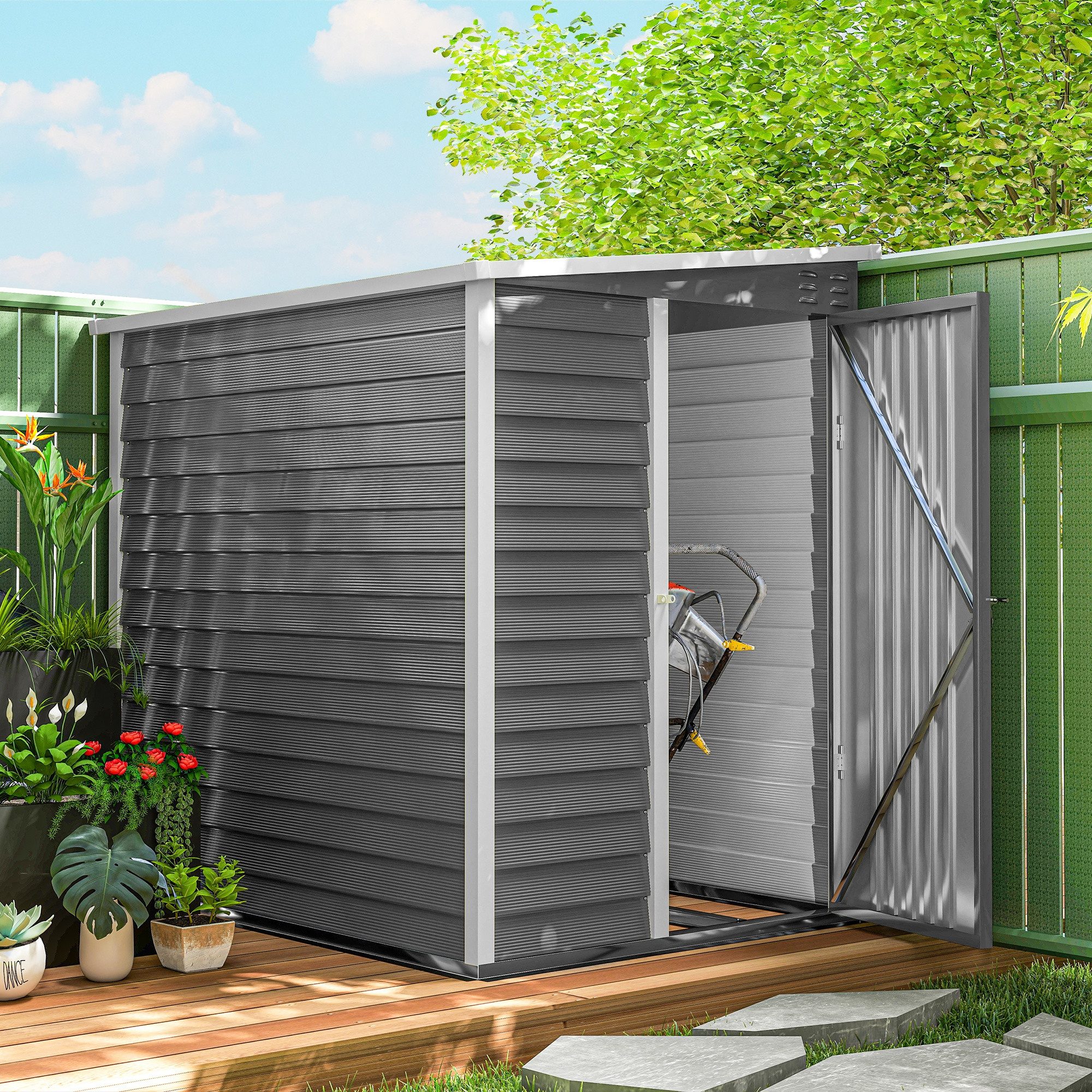 Outsunny Gerätehaus mit Fundament, Pultdach, Fenster, abschließbar Tür, Handschuhe, BxT: 142x184 cm, (Gartenschuppen aus Metall, 1 St., wetterfest Geräteschuppen), 2,3m², für Garten Hinterhof Hellgrau