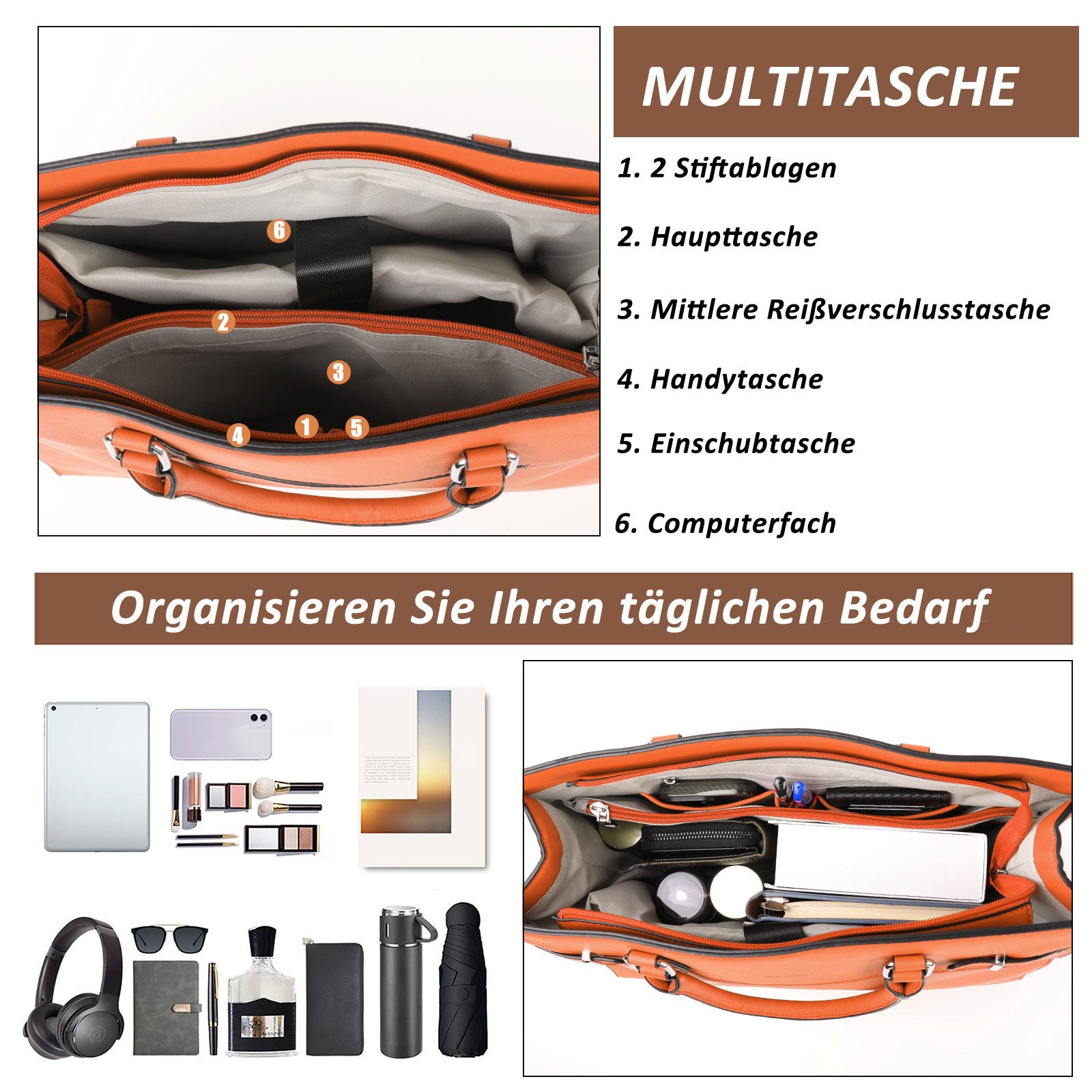 TAN.TOMI Aktentasche Handtasche Damen Shopper Damen Große Schwarz Gross Laptop Tasche, 15.6 Zoll Elegant Leder Umhängetasche für Büro Arbeit Schule