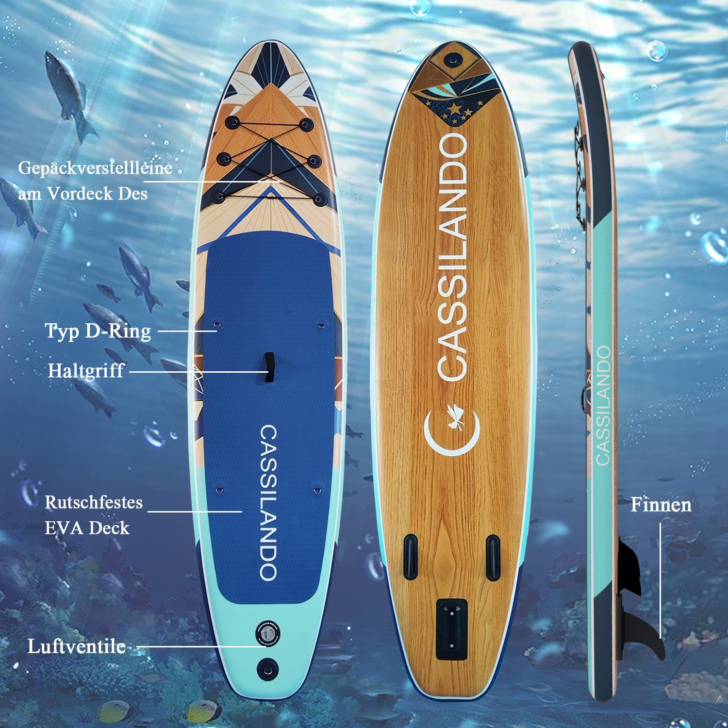 CASSILANDO SUP-Board Aufblasbares SUP-Board 335 x 84 cm mit 220 kg Belastbarkeit, (Set, Hand pumpe, Verstellbares Paddel, Sicherheitsgurt, Reparatursatz, Rucksa – Bild 3 von 5
