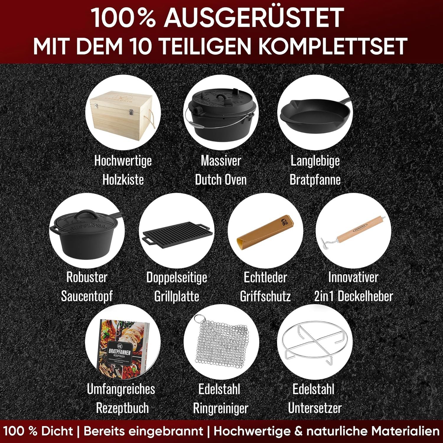 GUSSKÖNIG Schmortopf GUSSKÖNIG Dutch Oven Set 10 teilig Topf Set inkl. Rezeptbuch