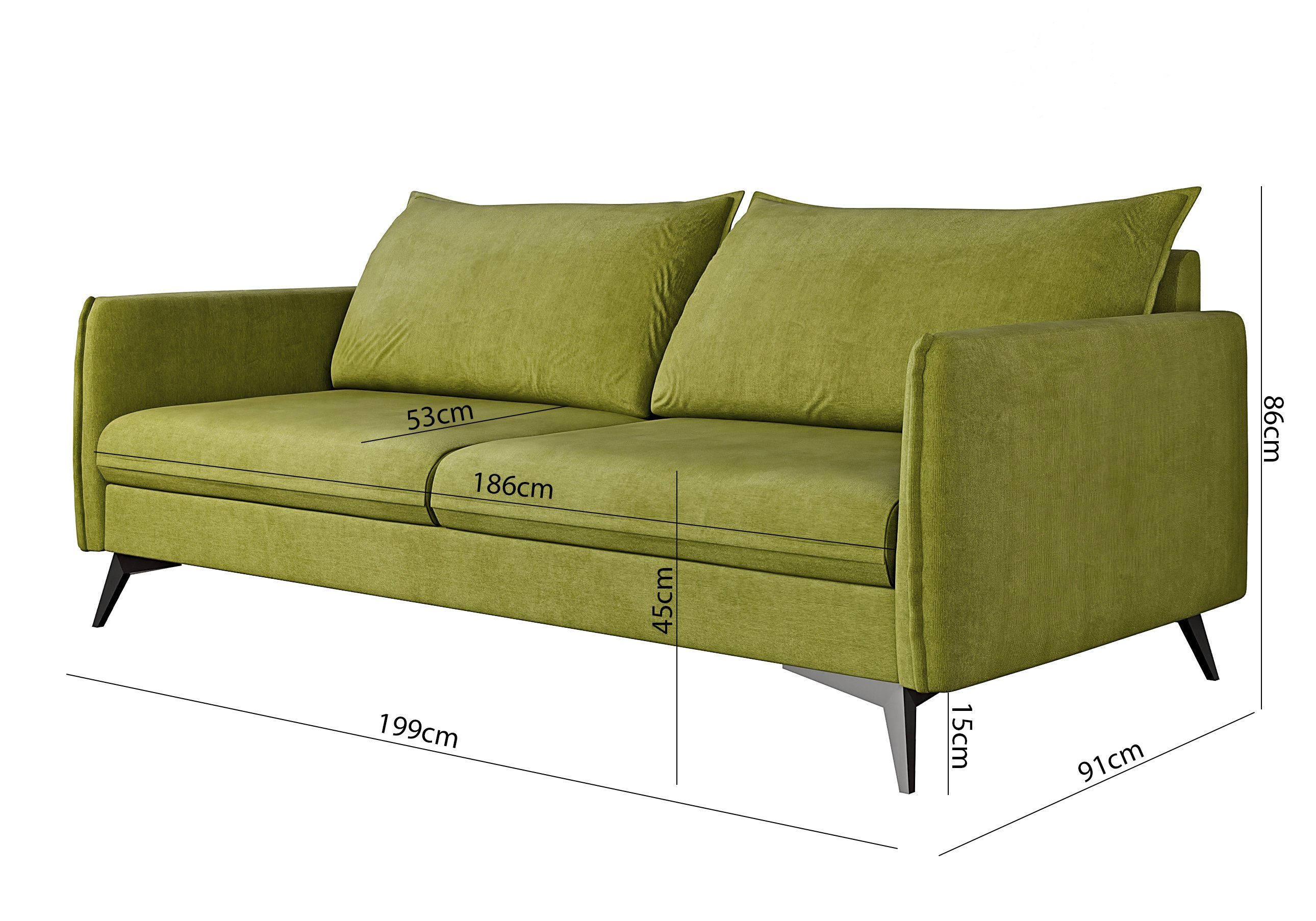 1x 2-Sitzer-Sofa, Azalea 3-Sitzer-Sofa, 1x mit Sessel), Metall 3+2+1 Modernes Möbel Polstergarnitur Wellenfederung S-Style mit Grün Füßen, (1x Schwarz