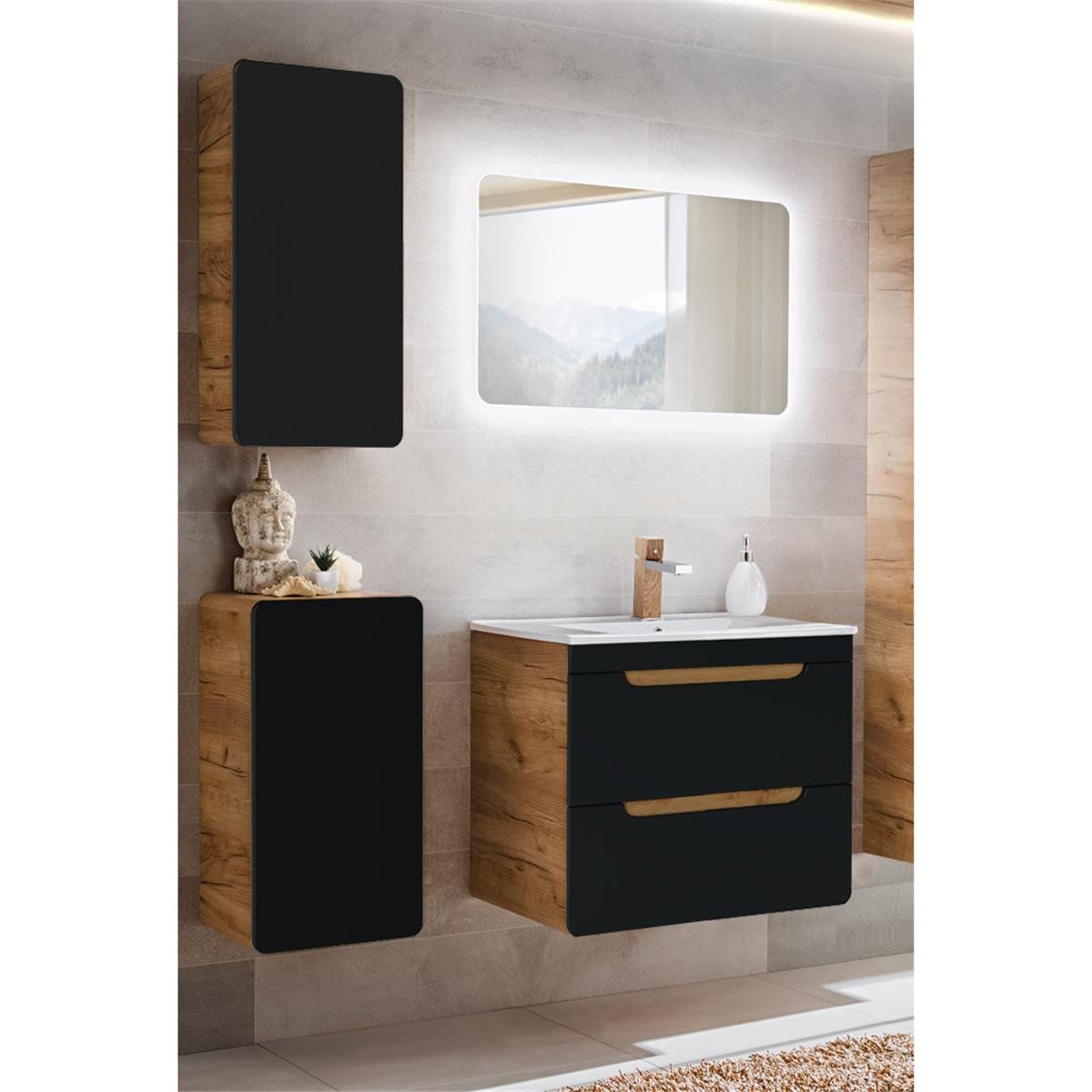 Lomadox Badmöbel-Set NEW-LUTON, (Spar-Set, 4-St), Eiche 60 cm Keramik-Waschtisch & LED-Spiegel 110/200/46 cm