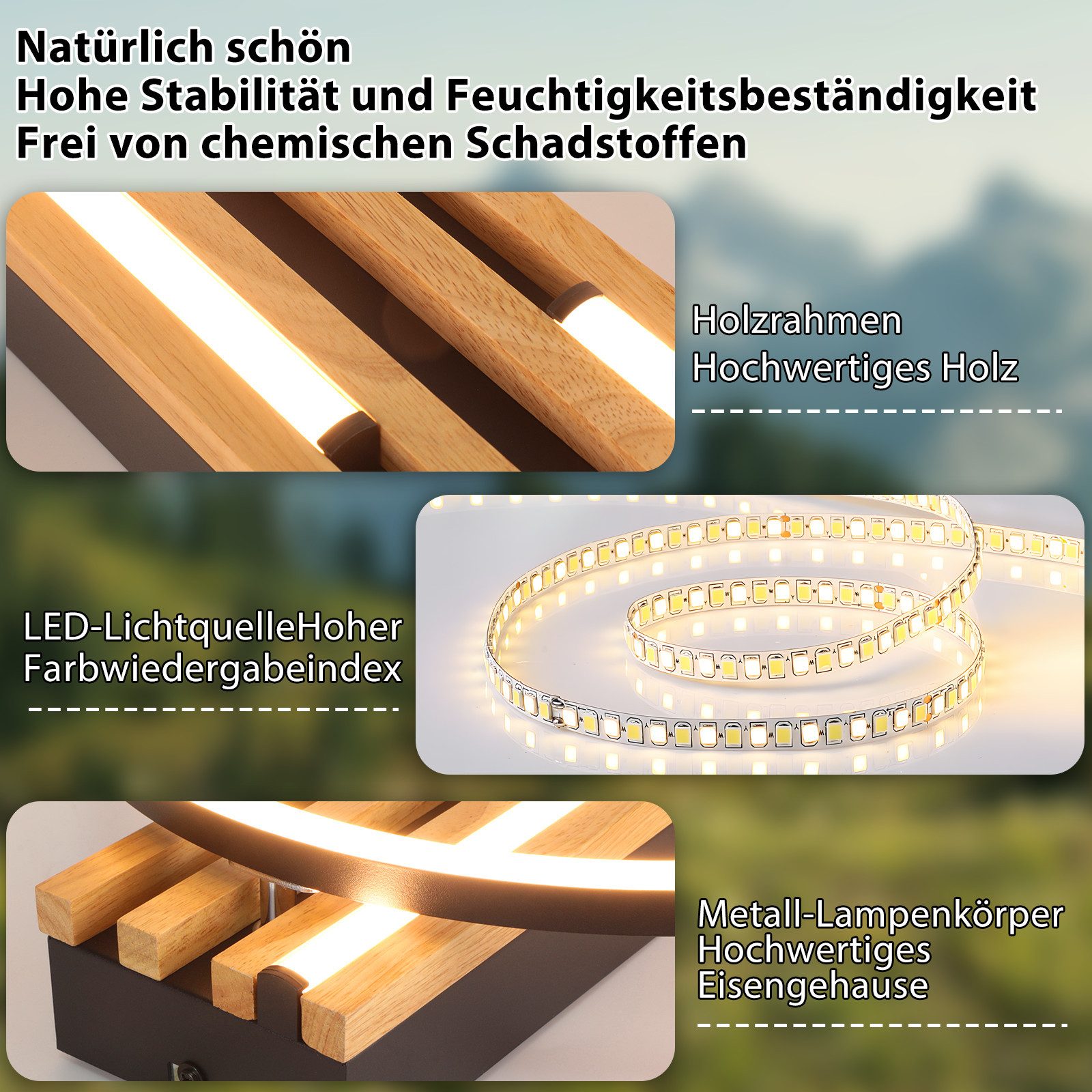 Nettlife LED Deckenleuchte Dimmbar Holz 2/3/4 Ringe Modern Deckenlampe Wohnzimmer, LED fest integriert, 60W 50*32*10.3CM für Schlafzimmer Büro Küche – Bild 3 von 5