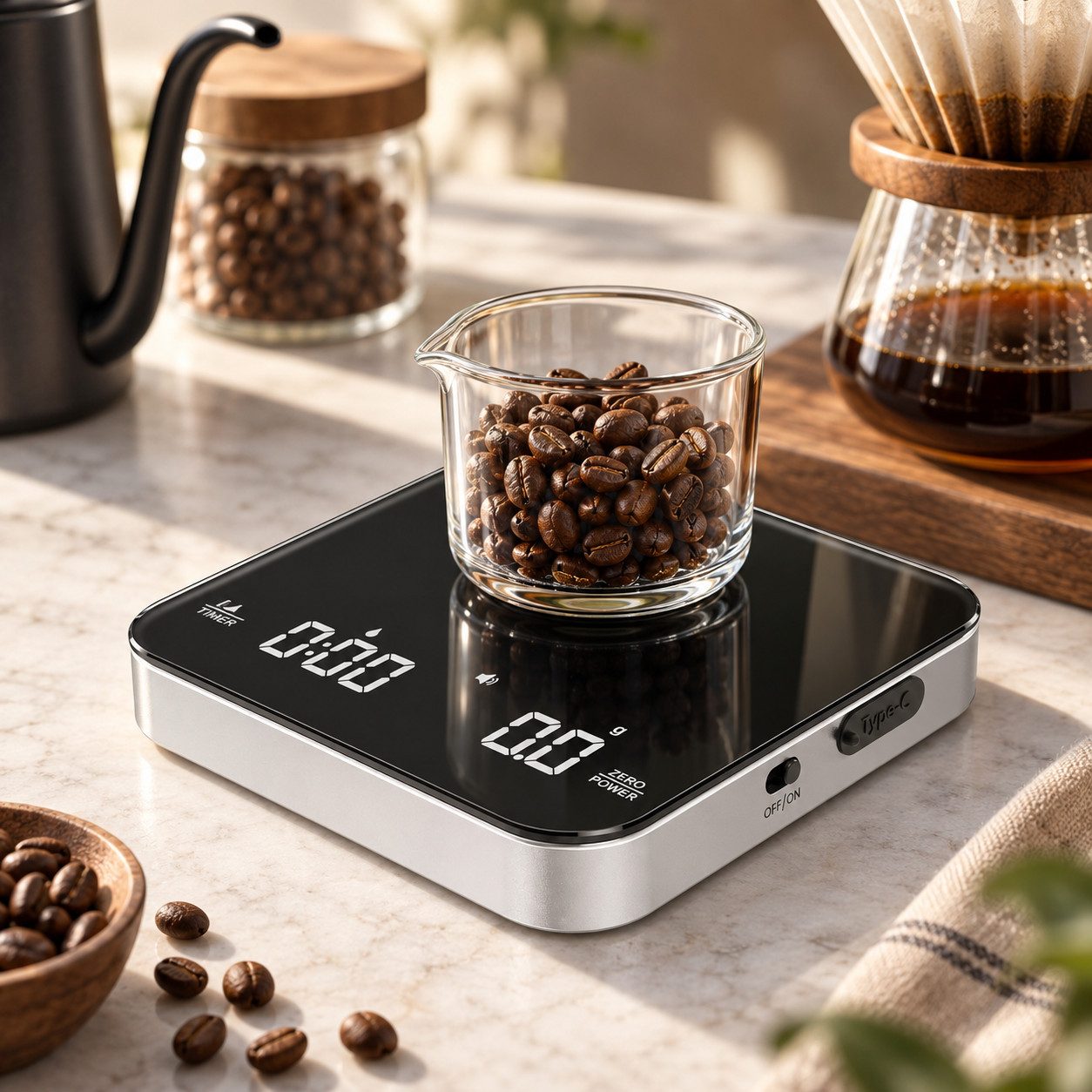 Maestri House Küchenwaage K112 Espressowaage mit Auto-Timer, 0,1 g / 2 kg, (1-tlg., Glasoberfläche für Espresso und Pour Over), Touch-Bedienung, USB-C, Tara, Stummschaltung
