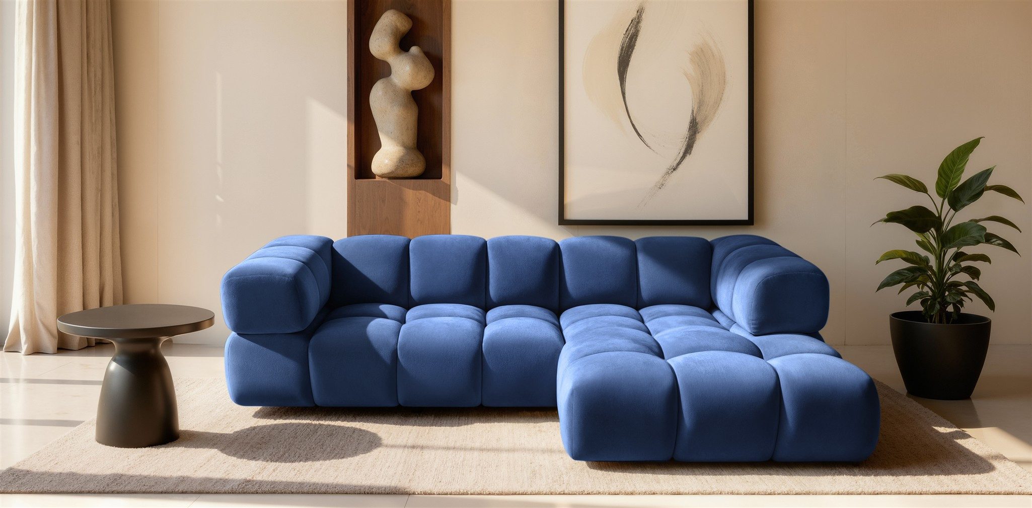 Fun Möbel Ecksofa Designersofa BLANCHE in Stoff Bluvel oder Puente, Ottomane Links oder Rechts, Rundumbezug