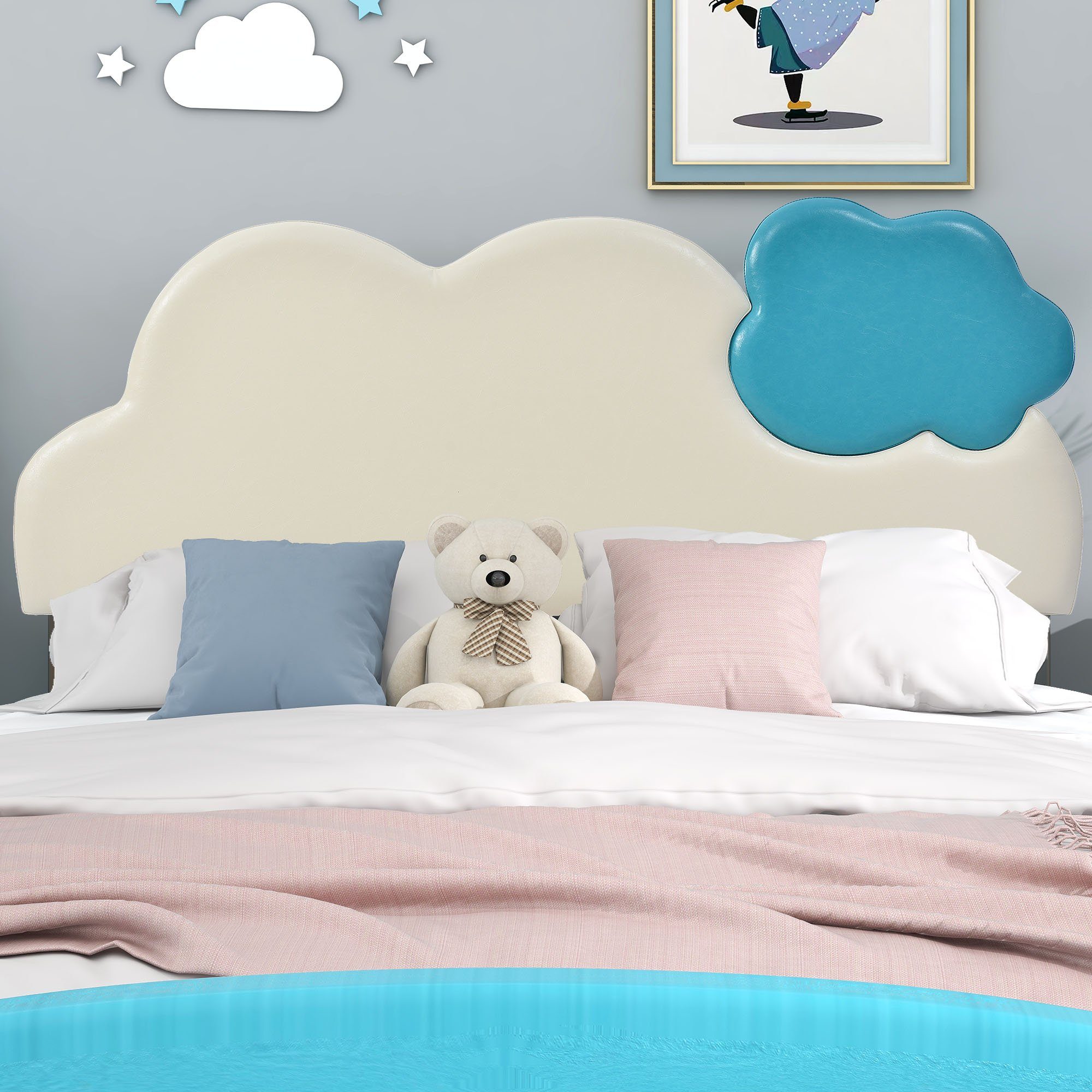 Kinderbett (Polsterbett), mit Wolkenkopfteil und Lattenrost, Bezug aus Kunstleder, 140x200cm