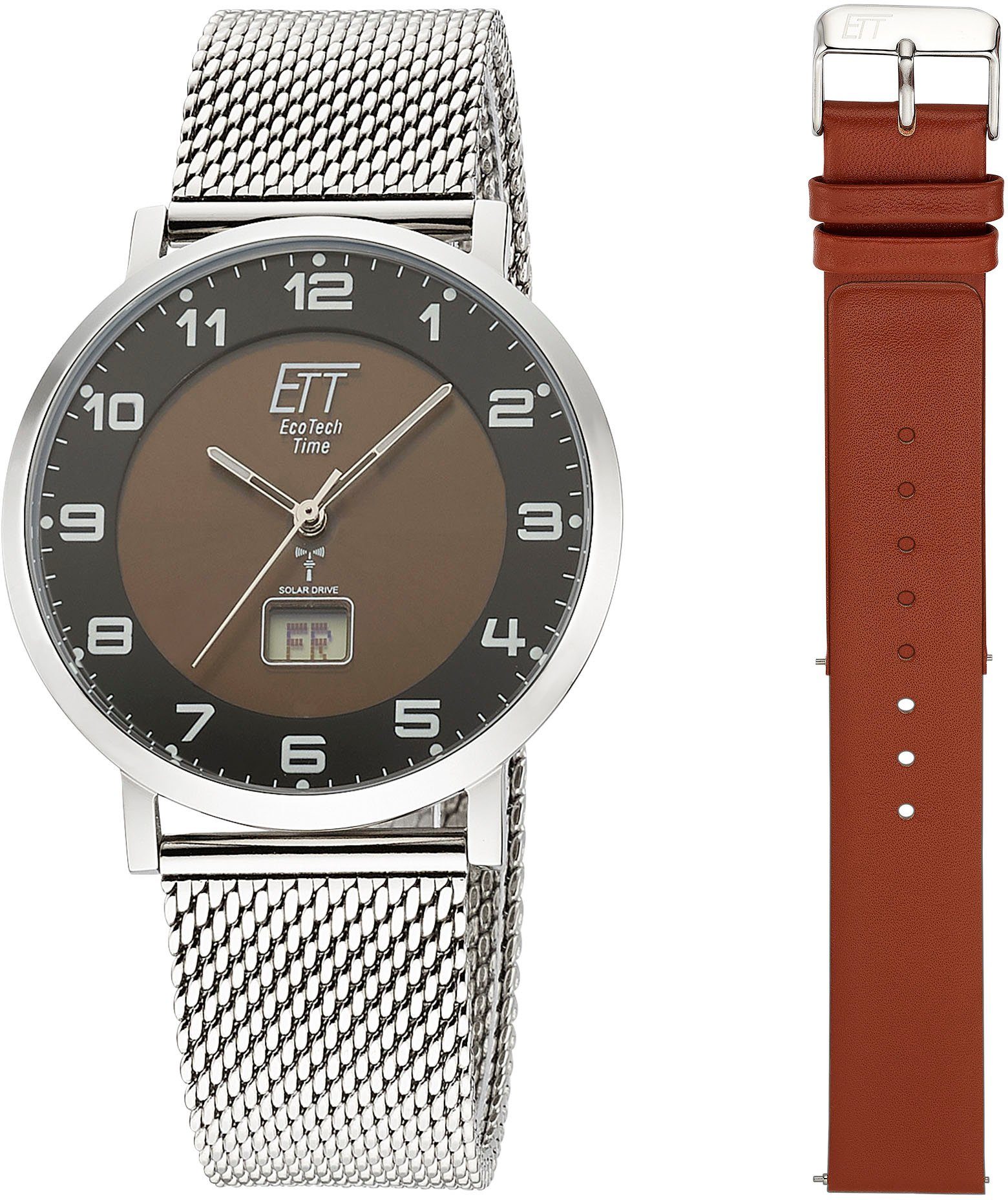 ETT Funkuhr Atacama, (Set, 2-tlg., mit Wechselband), Armbanduhr, Herrenuhr, Datum, Solar, ideal auch als Geschenk