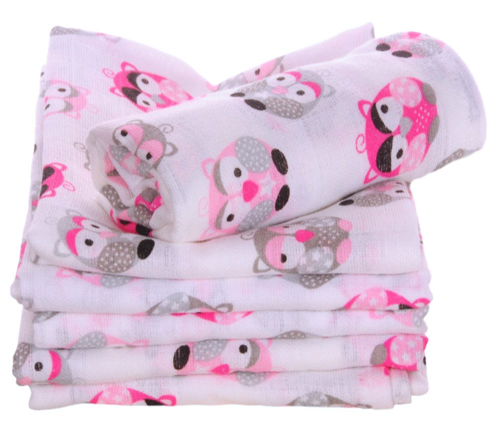 La Bortini Spucktuch Babytücher Baby Mullwindeln 10er Pack Mulltücher Schmusetücher, aus reiner Baumwolle, 68x78cm, in Weiß Pink mit Vögel Eulen Muster
