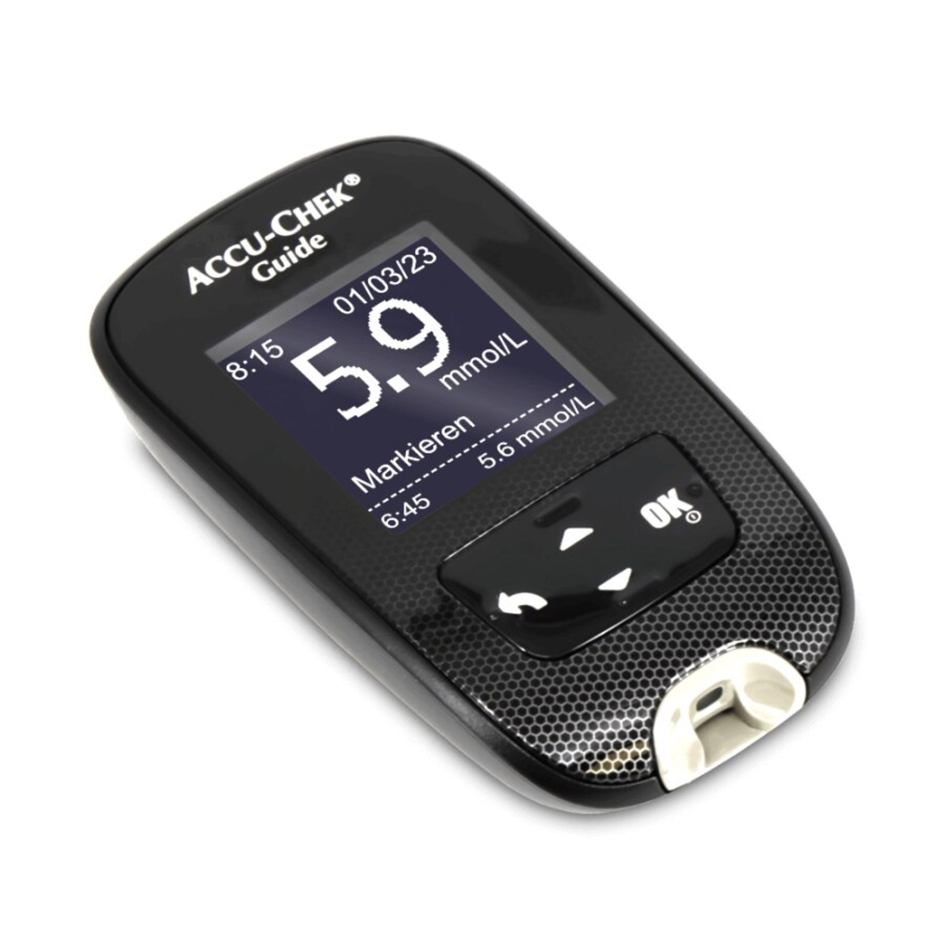 Roche Blutzuckermessgerät Accu-Chek Guide mmol oder mgdl, Starterset, Diabetesüberwachung, mit Bluetooth und App, Großes beleuchtetes Display, Integrierter Auswurfknopf