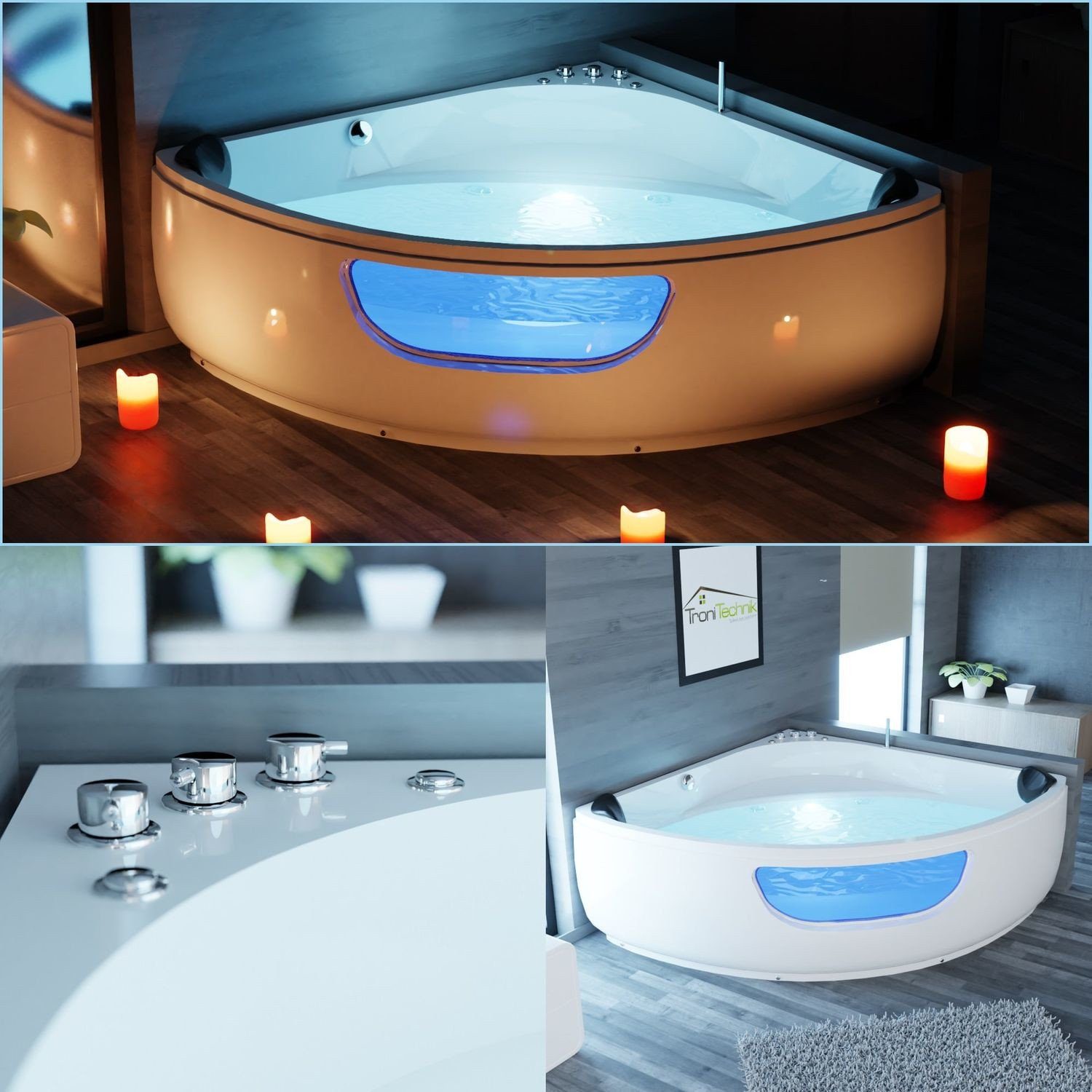 TroniTechnik Whirlpool-Badewanne PAROS 135 cm x 135 cm,Whirlpoolpumpe,Unterwasser LEDs, inkl. Zubehör, (inkl. Zubehör, vormontierte Badewanne mit Unterwasser LED), Premium Whirlpoolpumpe, Unterwasser LED, Massagedüsen