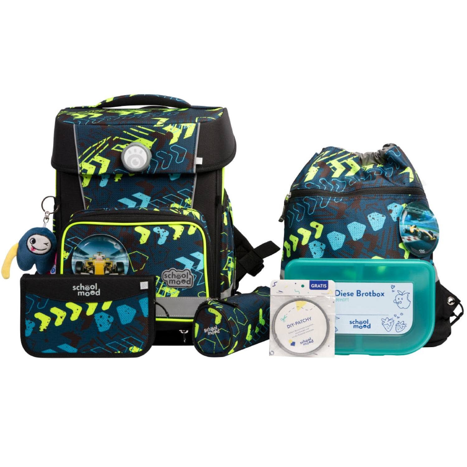 Schulrucksack School Mood Champion Pro Elias (Rennwagen), 7-tlg. Schulranzenset