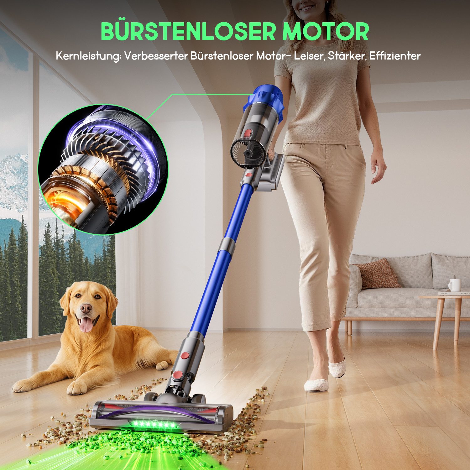 Hiazurm Akku-Hand-und Stielstaubsauger Akku Staubsauger,80000Pa/2.8L/70min OLED-Display Staubsauger Kabellos, 3 Stufen Bürstenloser Motor Stabstaubsauger Grüne Schmutz-Erkennung, Akkusauger für Tierhaare, Teppich & Auto