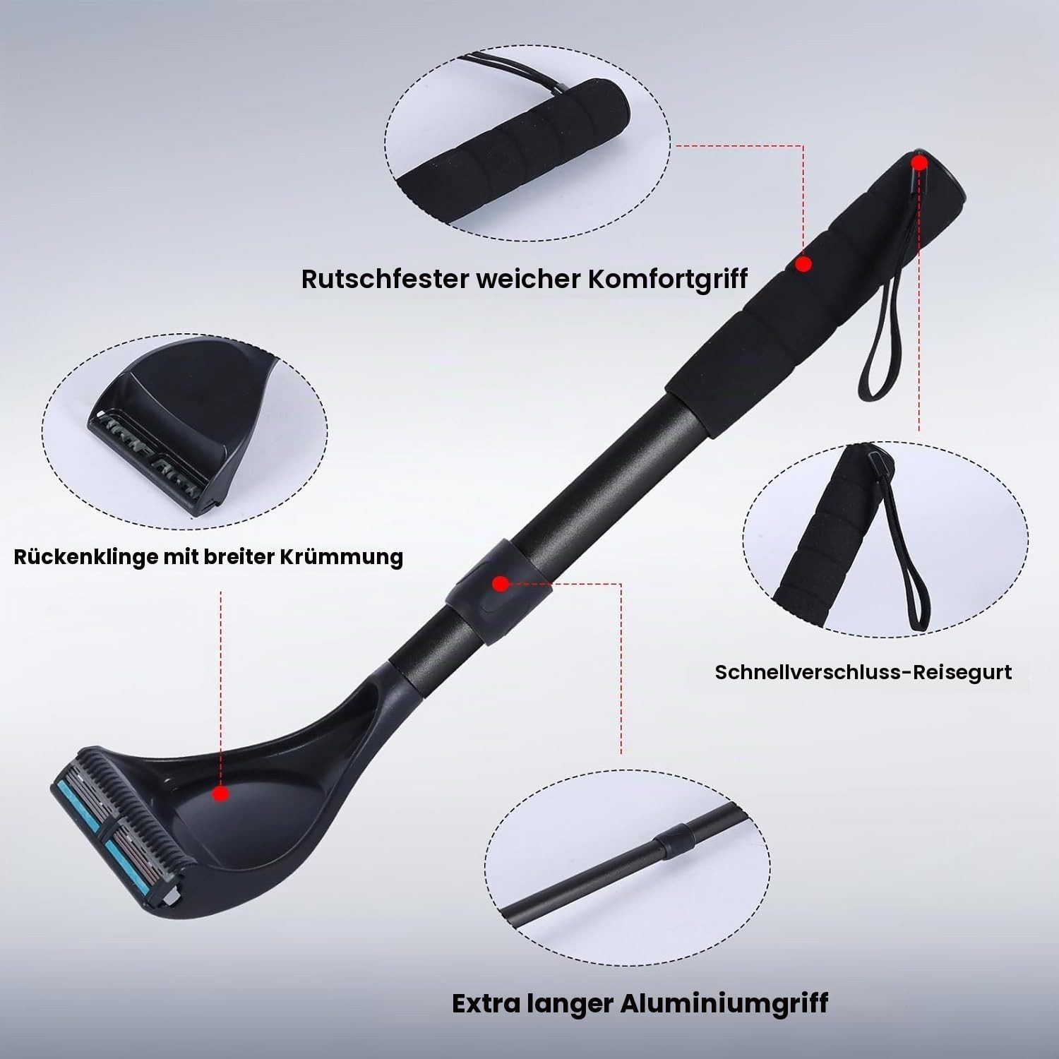 ibettertec Haarschneider Rückenrasierer Für Männer, Ergonomisch, 6 Klingenreihen, Langem Griff, Verstellbarer Langgriff, Nass- und Trockenrasur, wasserfester
