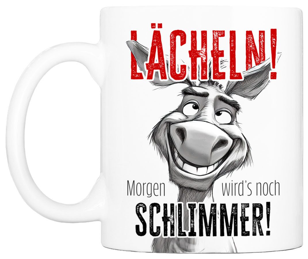 Cadouri Tasse mit Spruch 'Lächeln!' Kaffeetasse Büro Arbeit, Geschenk, Keramik, Kaffeebecher, Geschenkidee Arbeitskollege, lustig, Humor, 330 ml