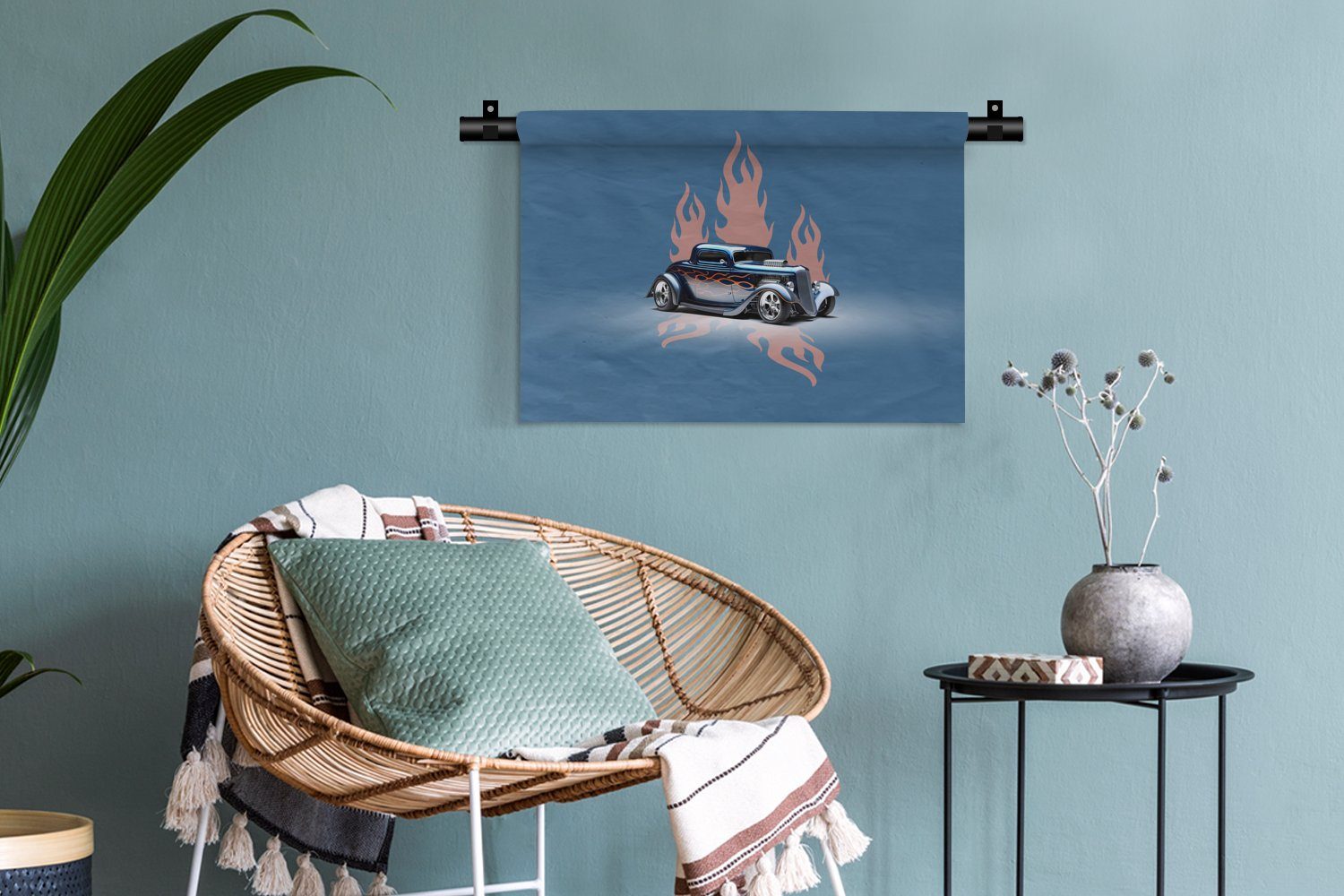 - Schlafzimmer, Flammen - Auto - MuchoWow Wohnzimmer, Wanddeko Blau Kleid, Vintage, Wanddekoobjekt Wandbehang, für Kinderzimmer