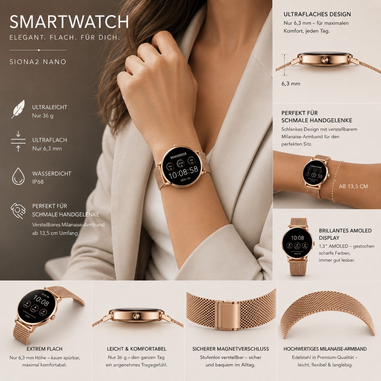 XCOAST SIONA 2 Flache Damen Smartwatch (4,2 cm) Valentinstag Geschenk, Fitnesstracker, 2-tlg., neueste Generation, Wasserdicht, Flach, Sportlich, AMOLED Bildsch – Bild 5 von 5