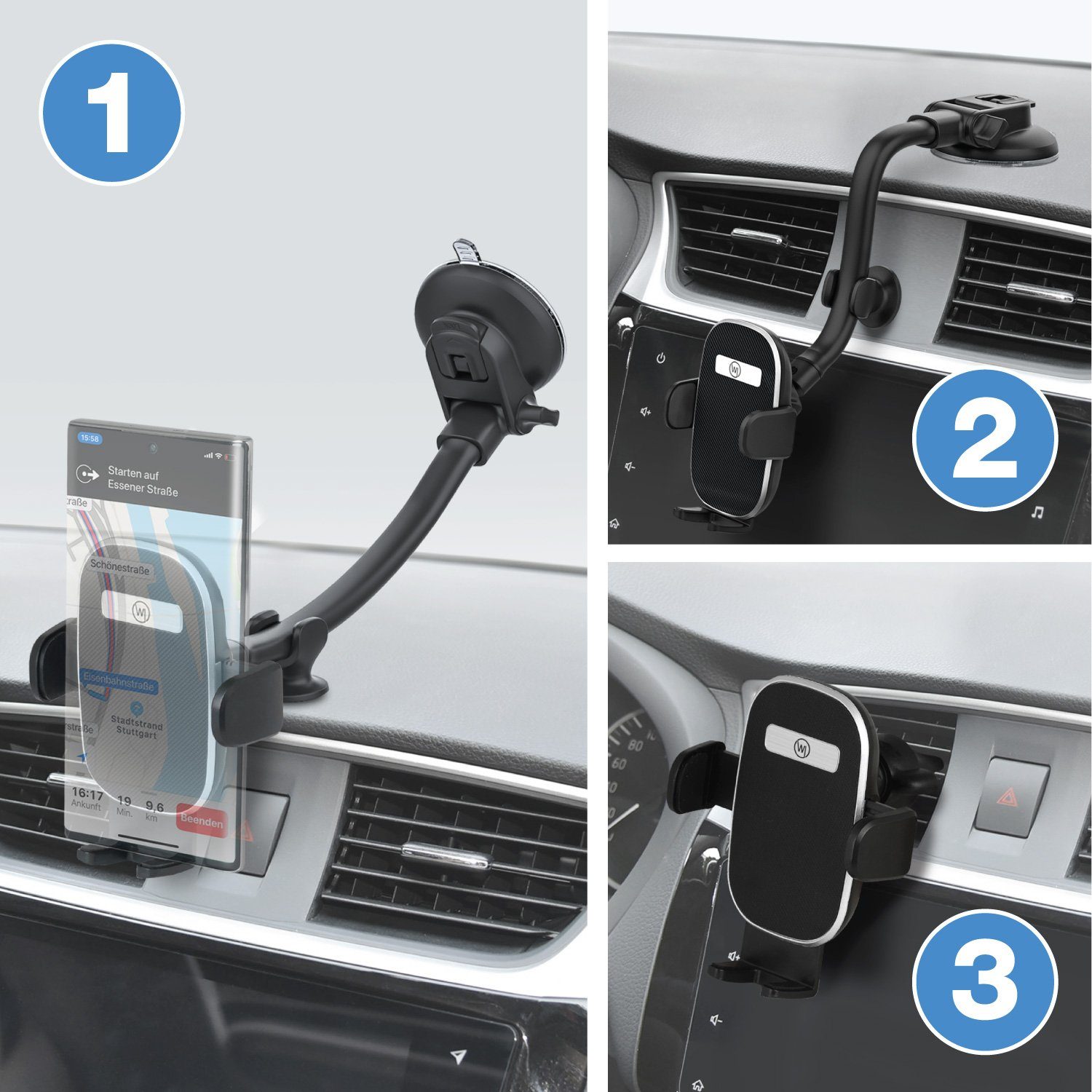 Wicked Chili Smartphone-Halterung Universal Handyhalterung extra lang Scheibe Lüftung 2in1, (1er Set, 4-tlg., Extra lang, Vibrationsfrei, 2in1 Auto Handyhalterung)