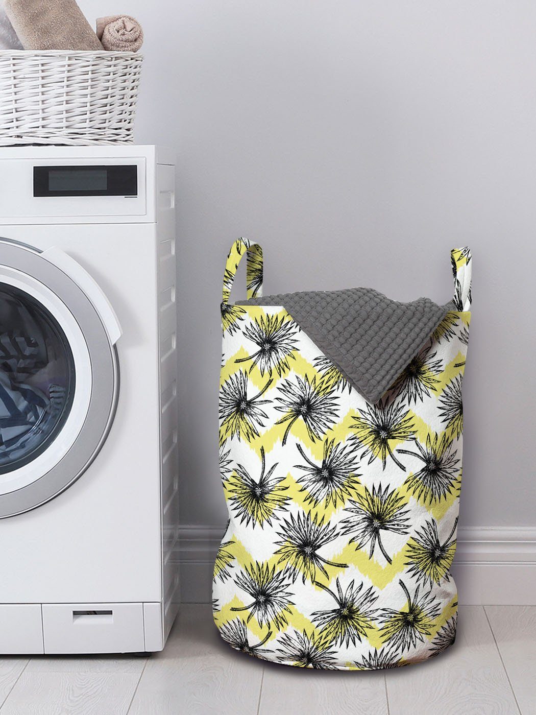 Kordelzugverschluss Wäschekorb Waschsalons, Abakuhaus Blumen-Blüten Zigzags auf für Wäschesäckchen mit Griffen Blumen