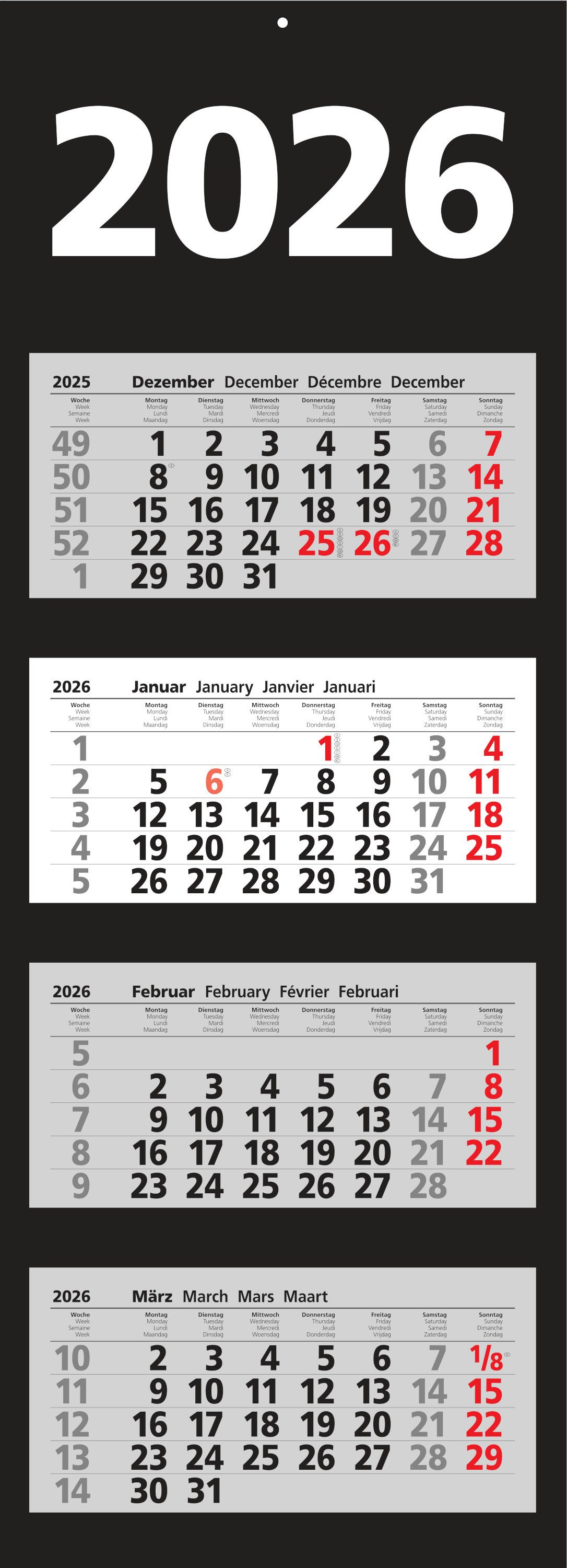 ADINA Настінний календар 2026 ADINA Viermonatskalender schwarz 92x33cm mit Tagesanzeiger in