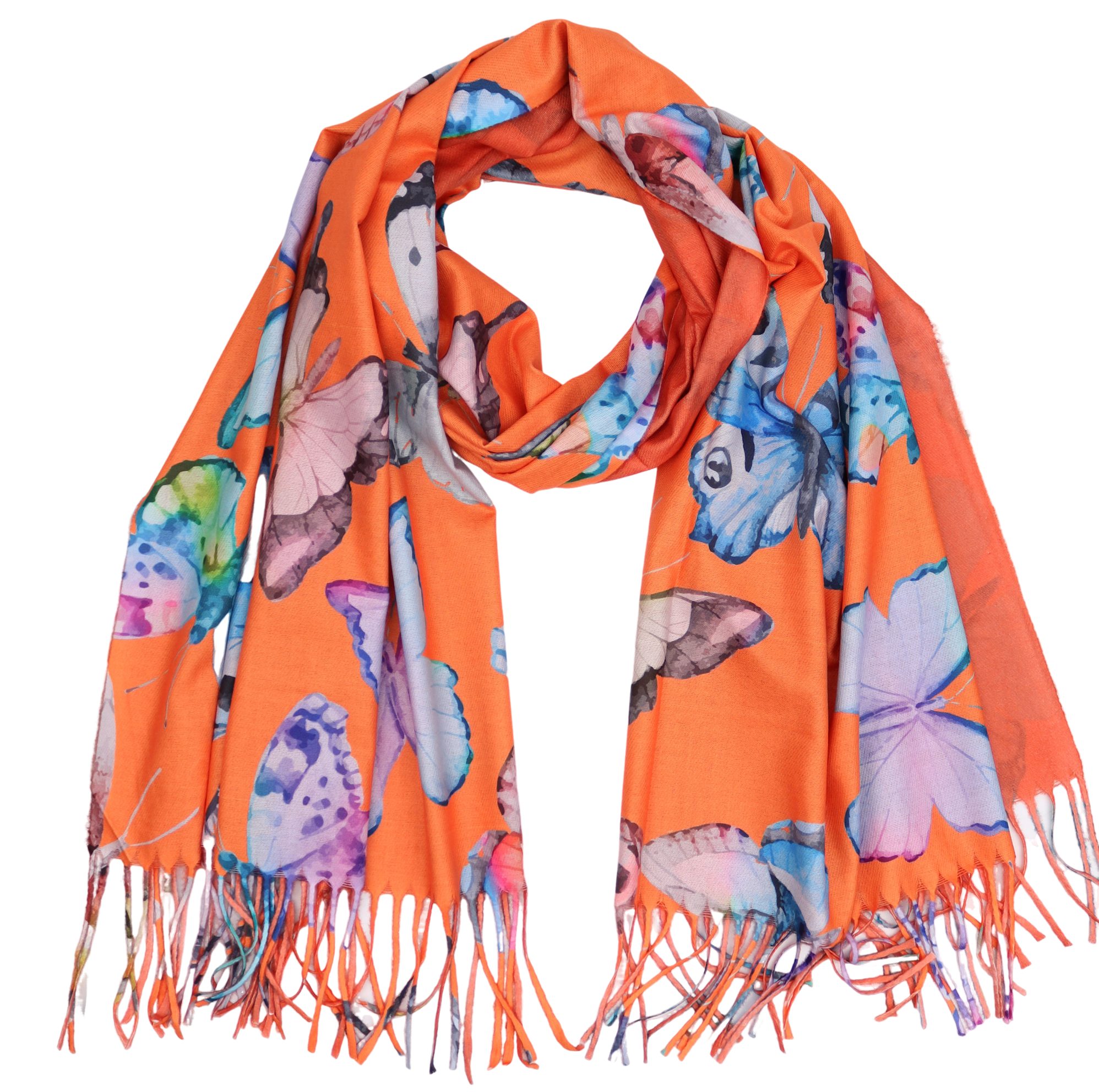 Modeschal weicher und warmer Schal Schmetteringe mit Fransen, 70x180cm