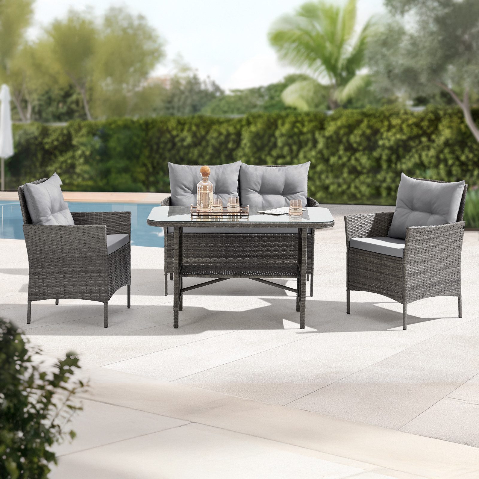SVITA Garten-Essgruppe DALLAS, Polyrattan, 4-teilig, Outdoor Set, 2 Sessel, 2er-Sofa, Esstisch
